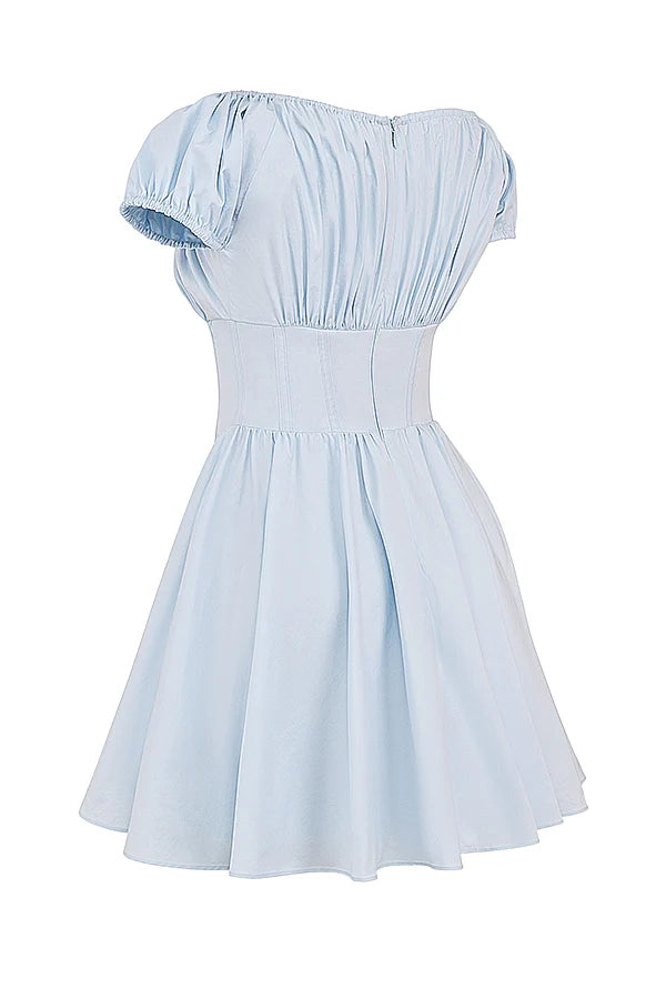 soft blue cotton gathered mini dress