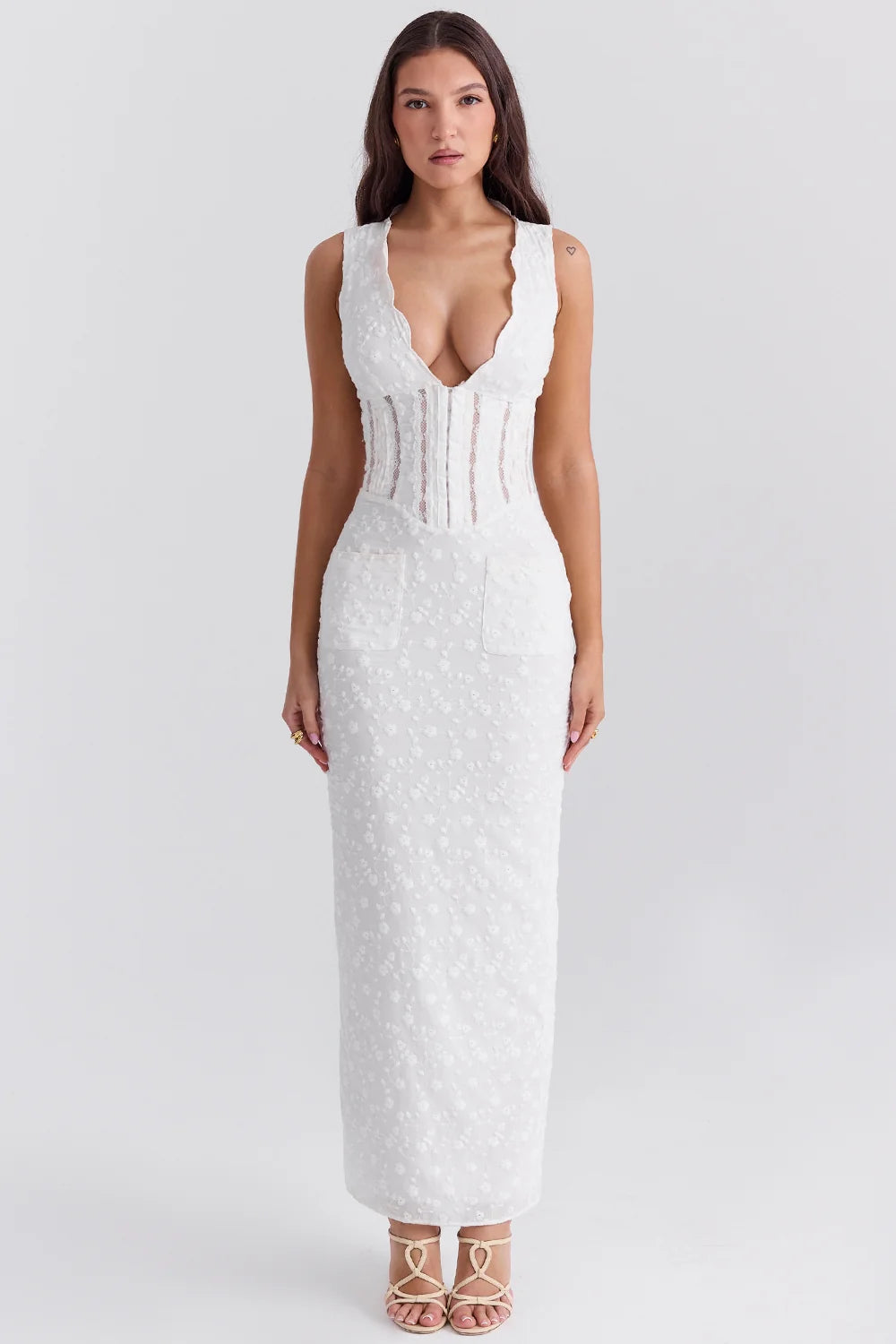 white cotton broderie anglais plunge maxi dress