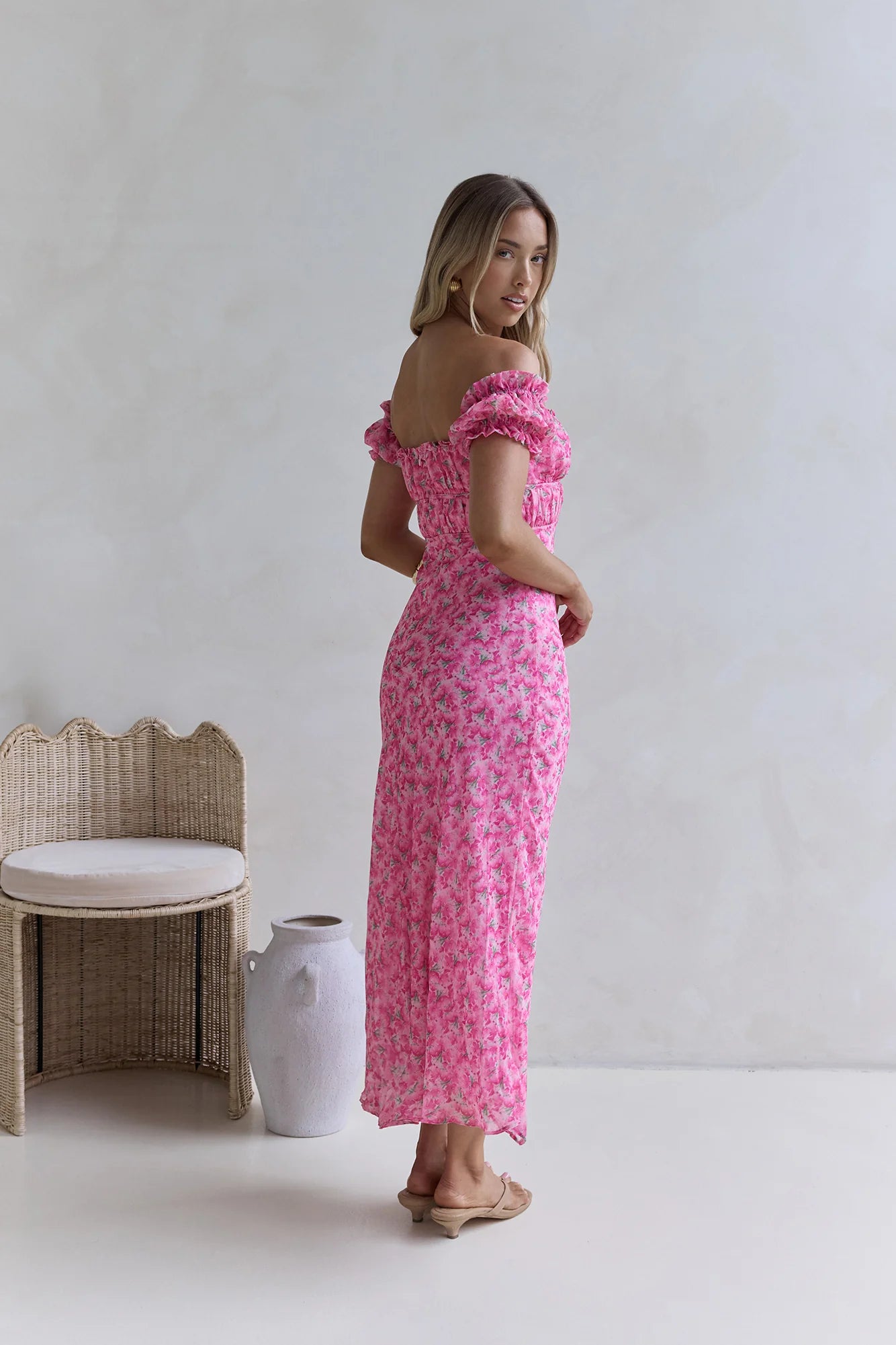 Kissed By The Sun Off Shoulder Maxi Dress Pink