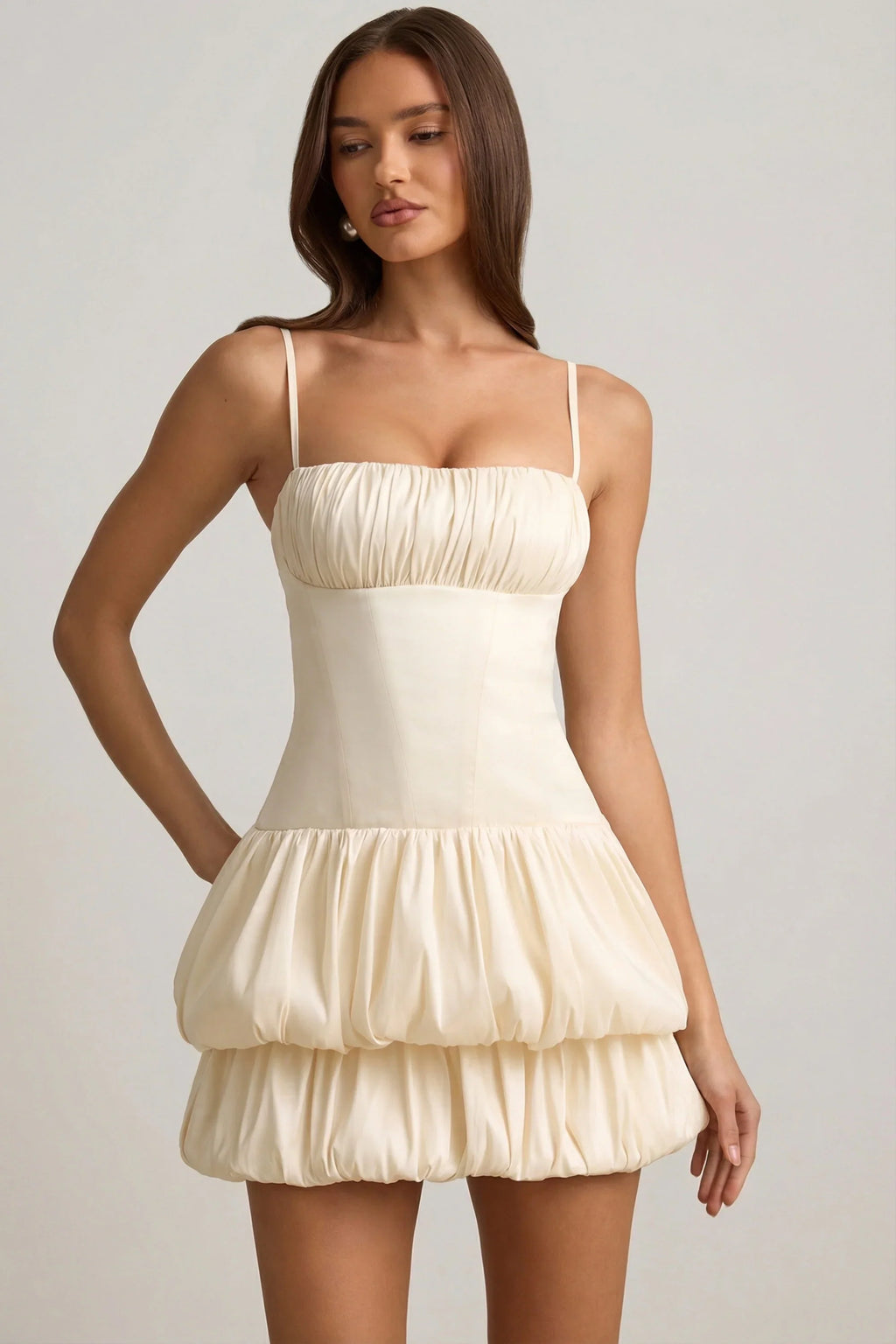 Satin Bubble Hem Corset Mini Dress in Ivory