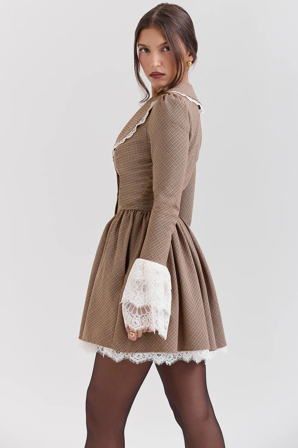 brown puppytooth check mini dress - sale