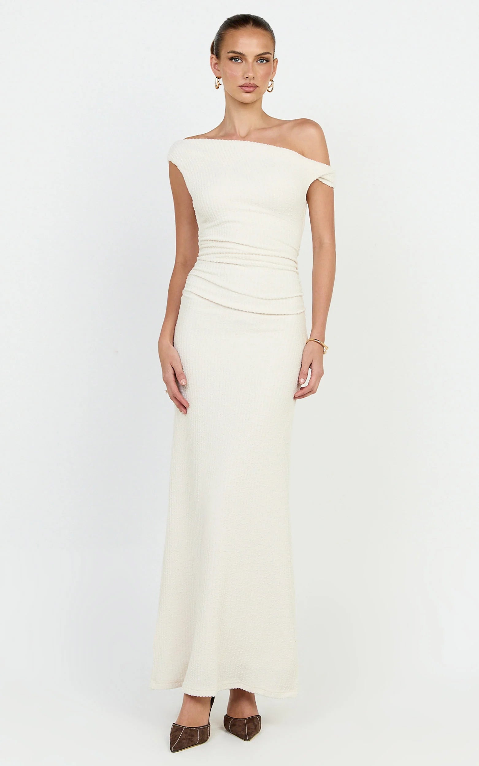 Veda Maxi Dress - Asymmetric One Shoulder Ruched Maxi Dress in Cream