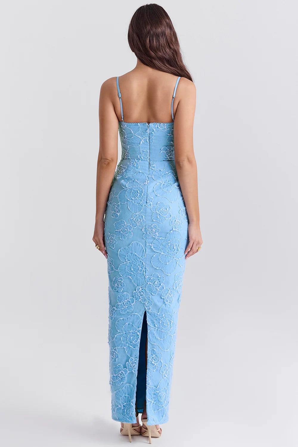 tuscan blue embroidered floral maxi dress