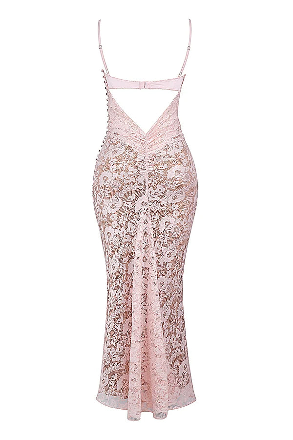 rose pink lace godet gown