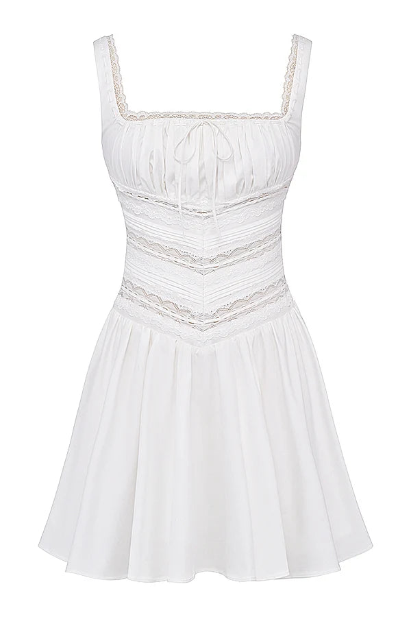 white lace trim mini dress