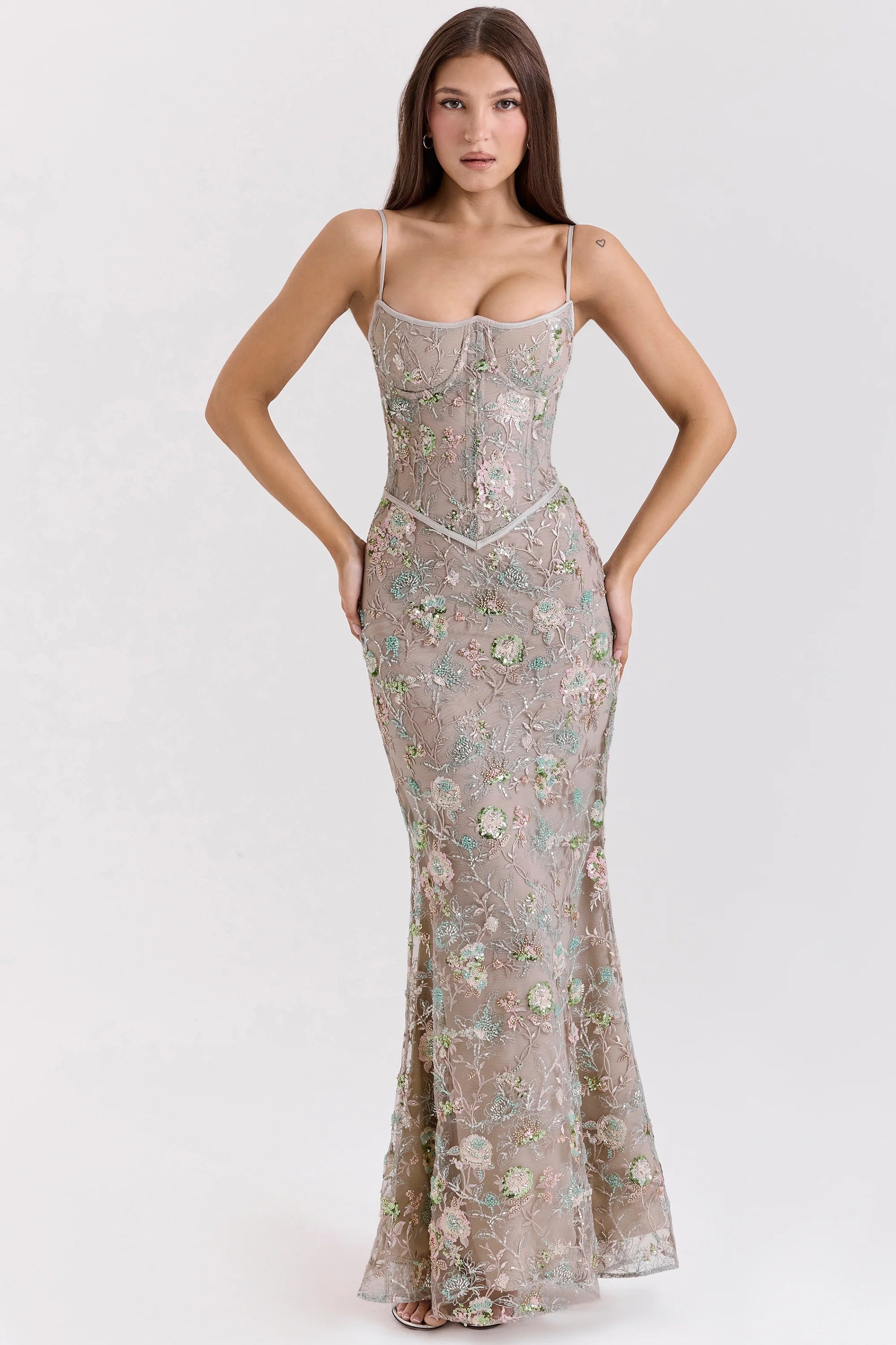 silver embellished beaded corset maxi dress