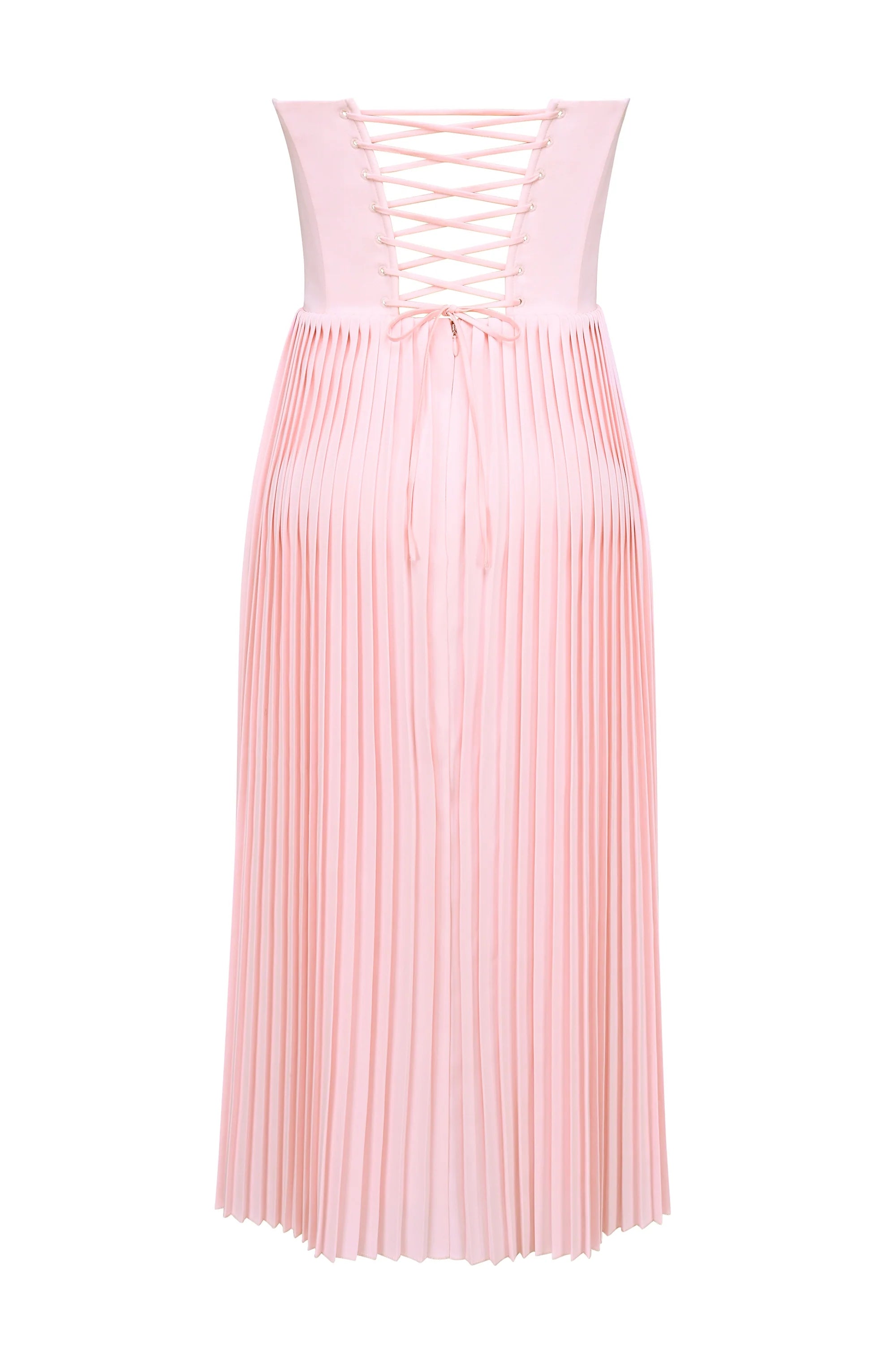 pink pleated midi corset dress