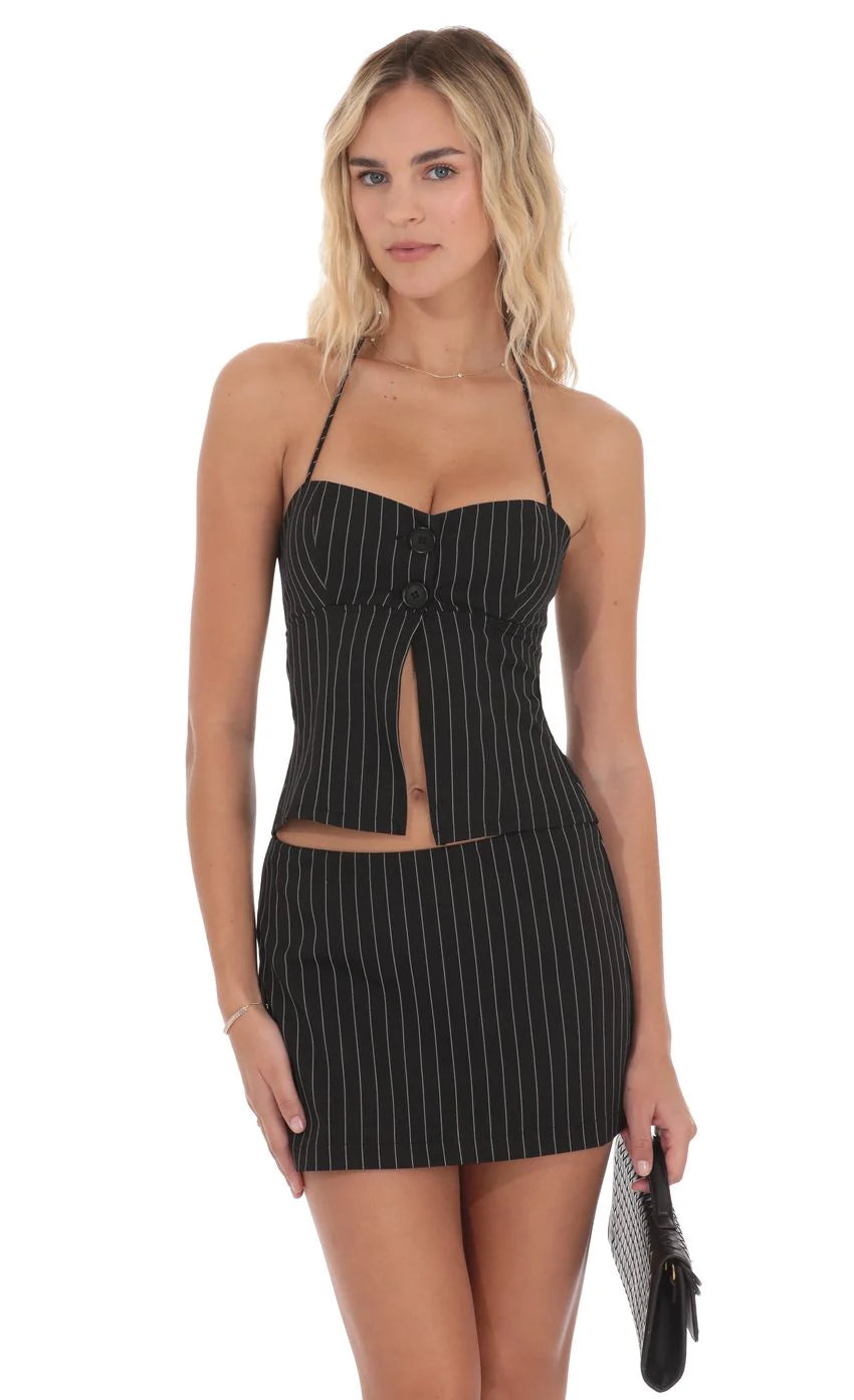 Pinstripe Mini Skirt in Black