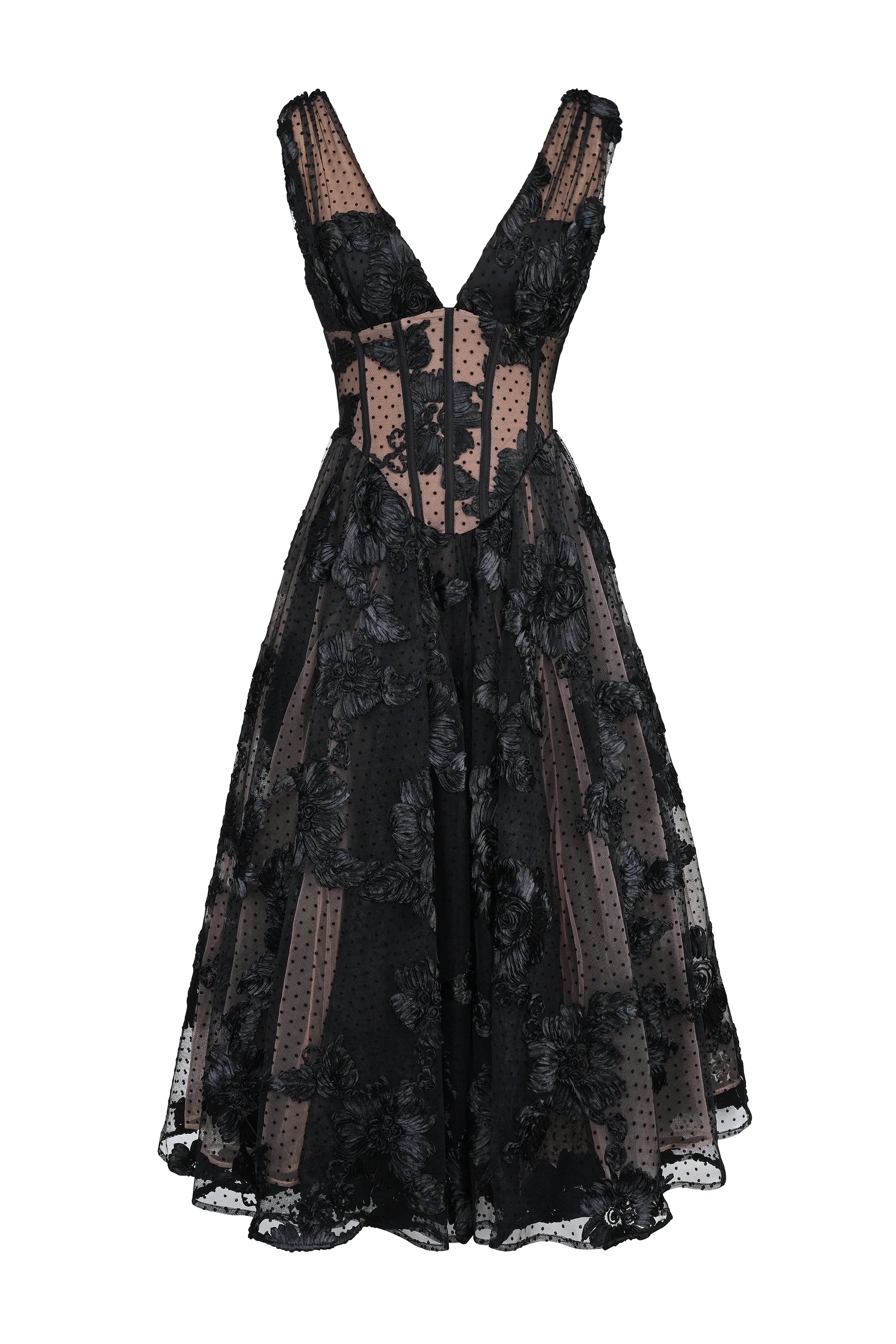 black embroidered tulle corset midi dress