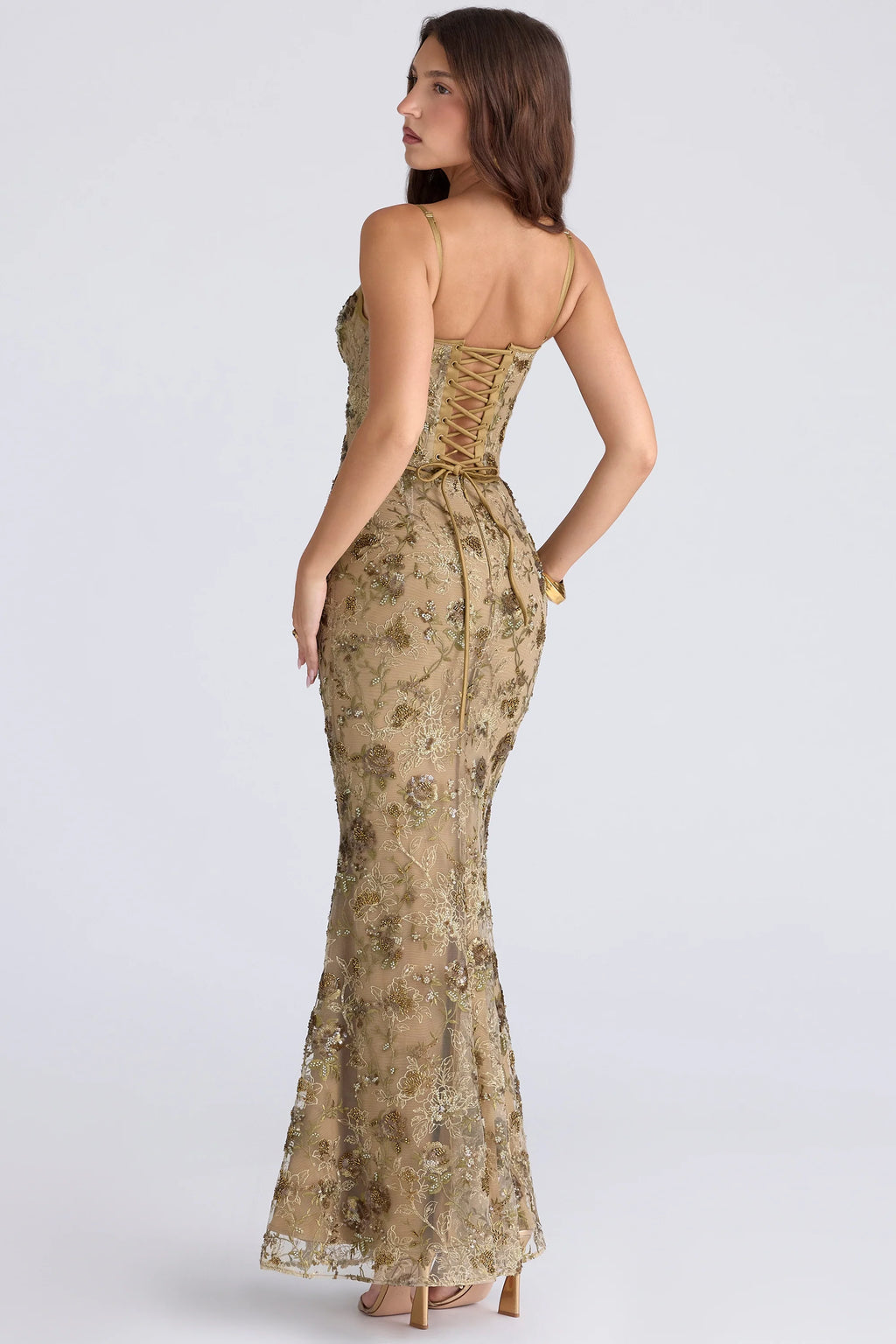 olive bronze hand beaded embellished corset maxi dress - limited edition