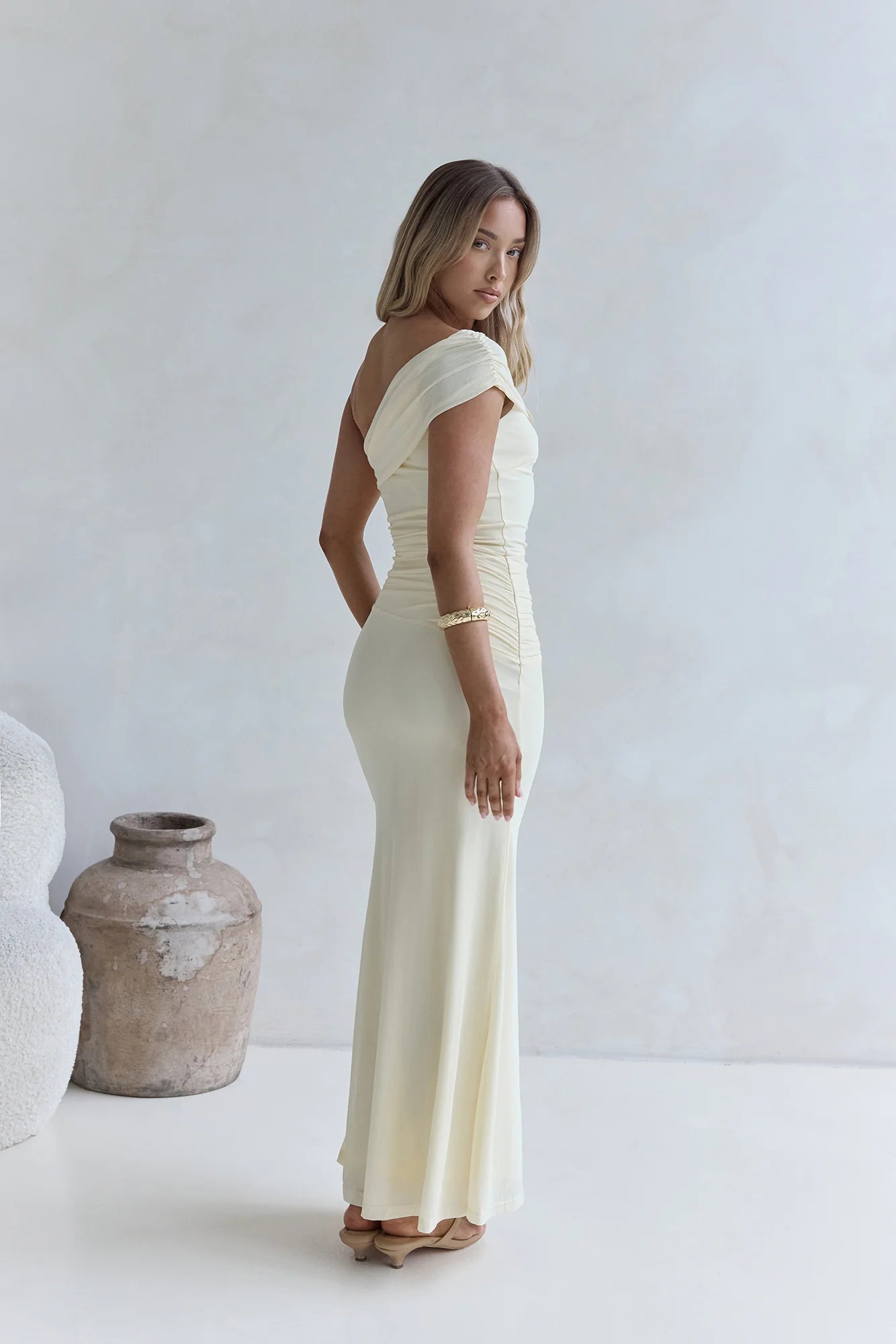 Kiss The Moon One Shoulder Mesh Maxi Dress Lemon