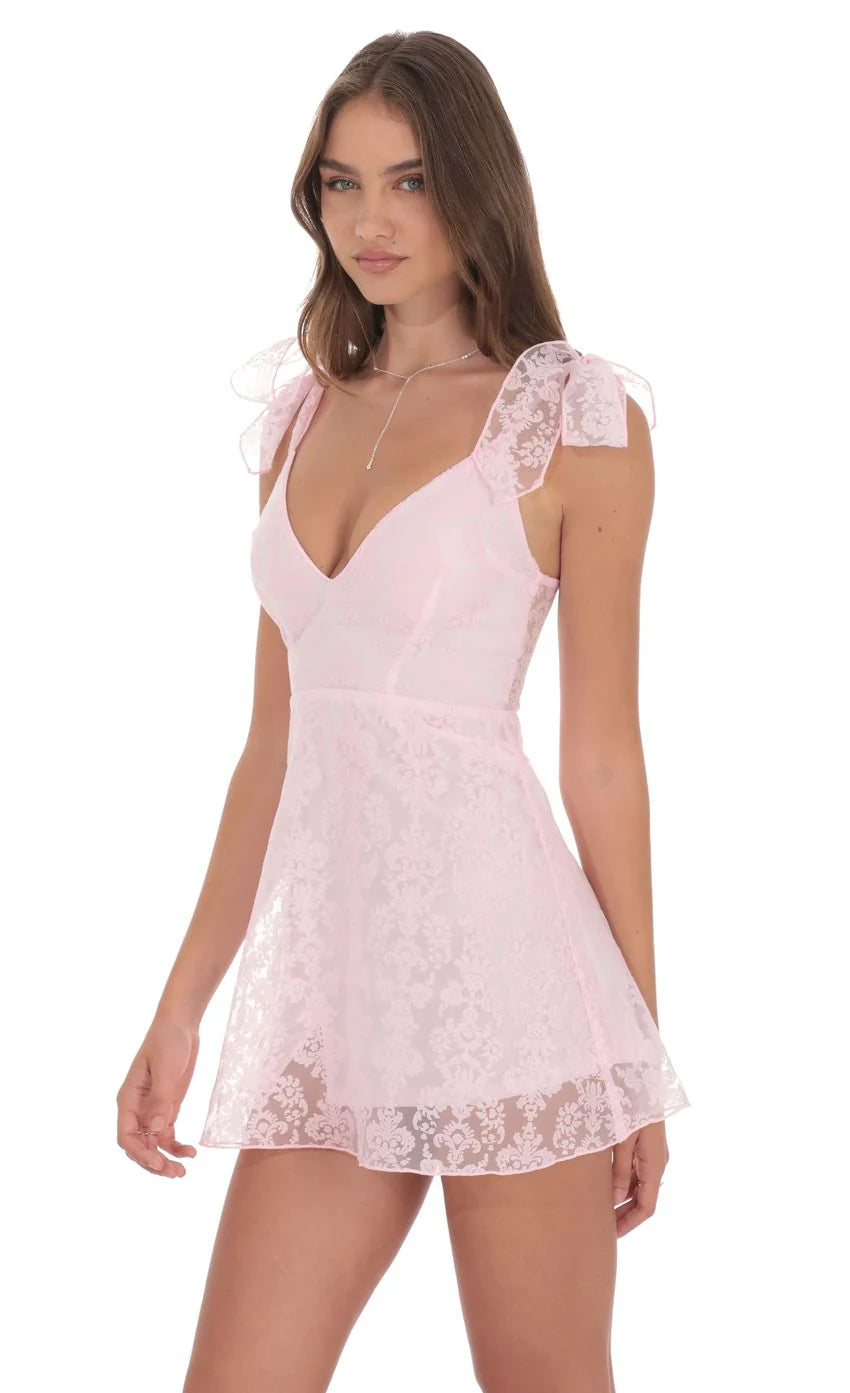 Motif Shoulder Tie A-line Dress in Pink