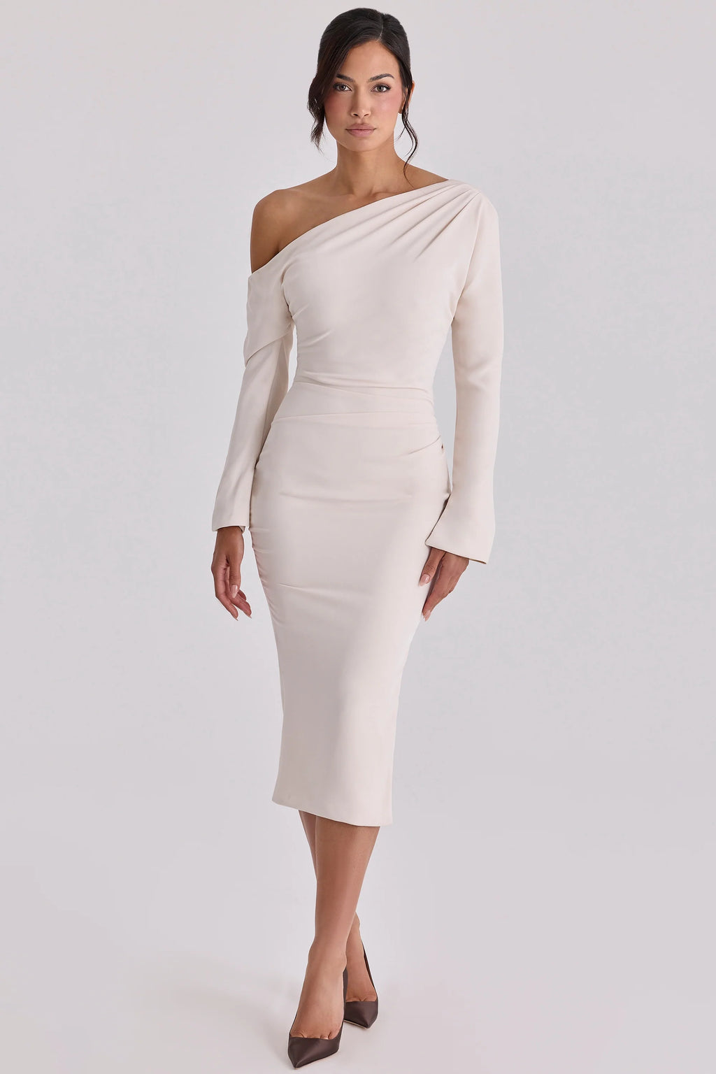 vintage ivory draped crepe one shoulder midi dress