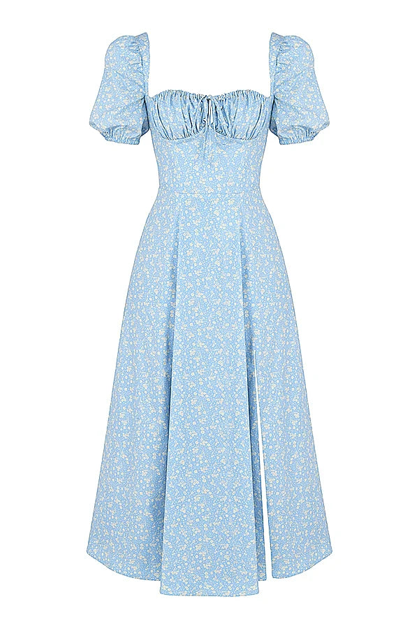blue ivory floral puff sleeve midi dress