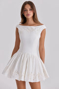 white cotton broderie anglaise boat neck mini dress