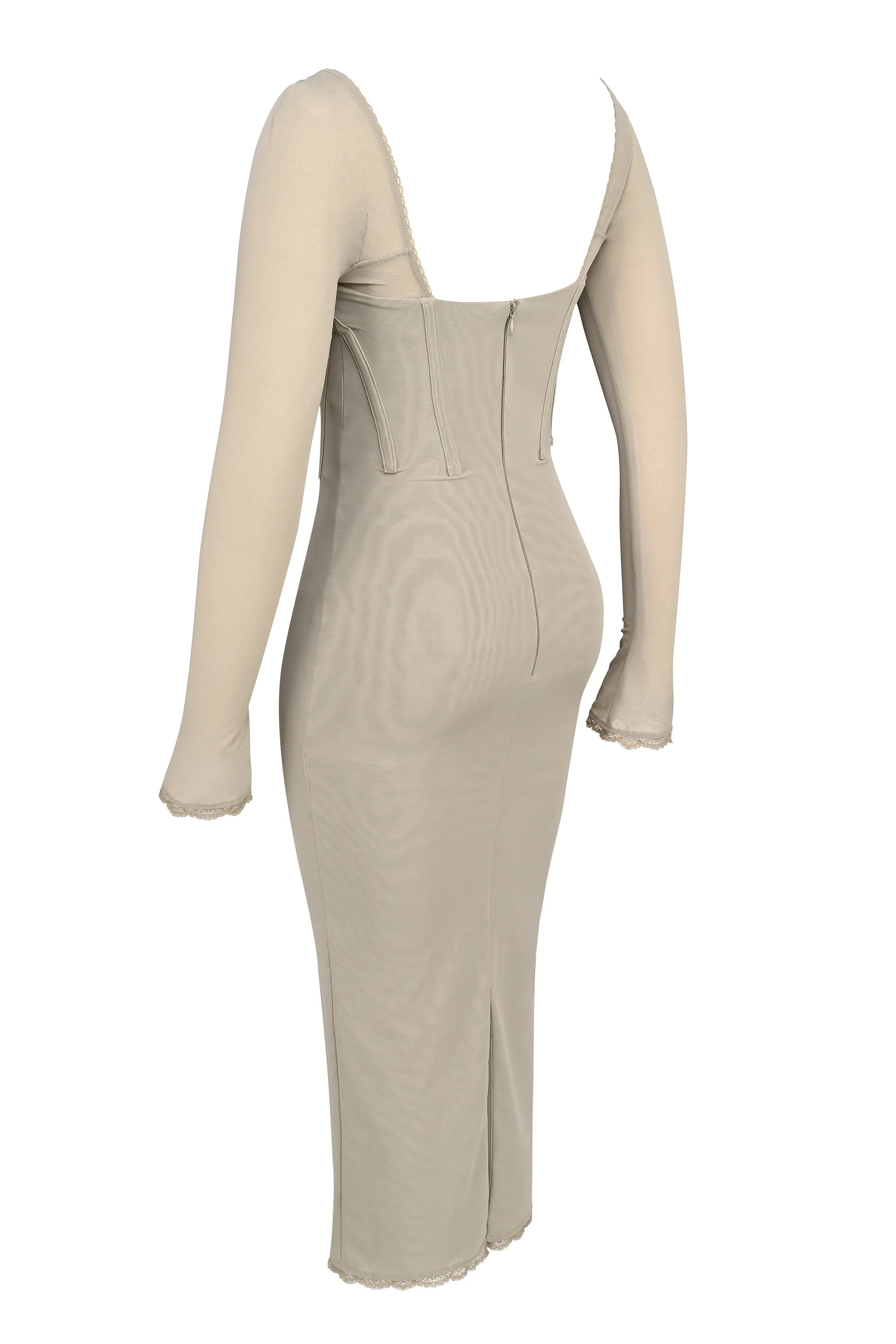 beige mesh long sleeve bodycon midi dress