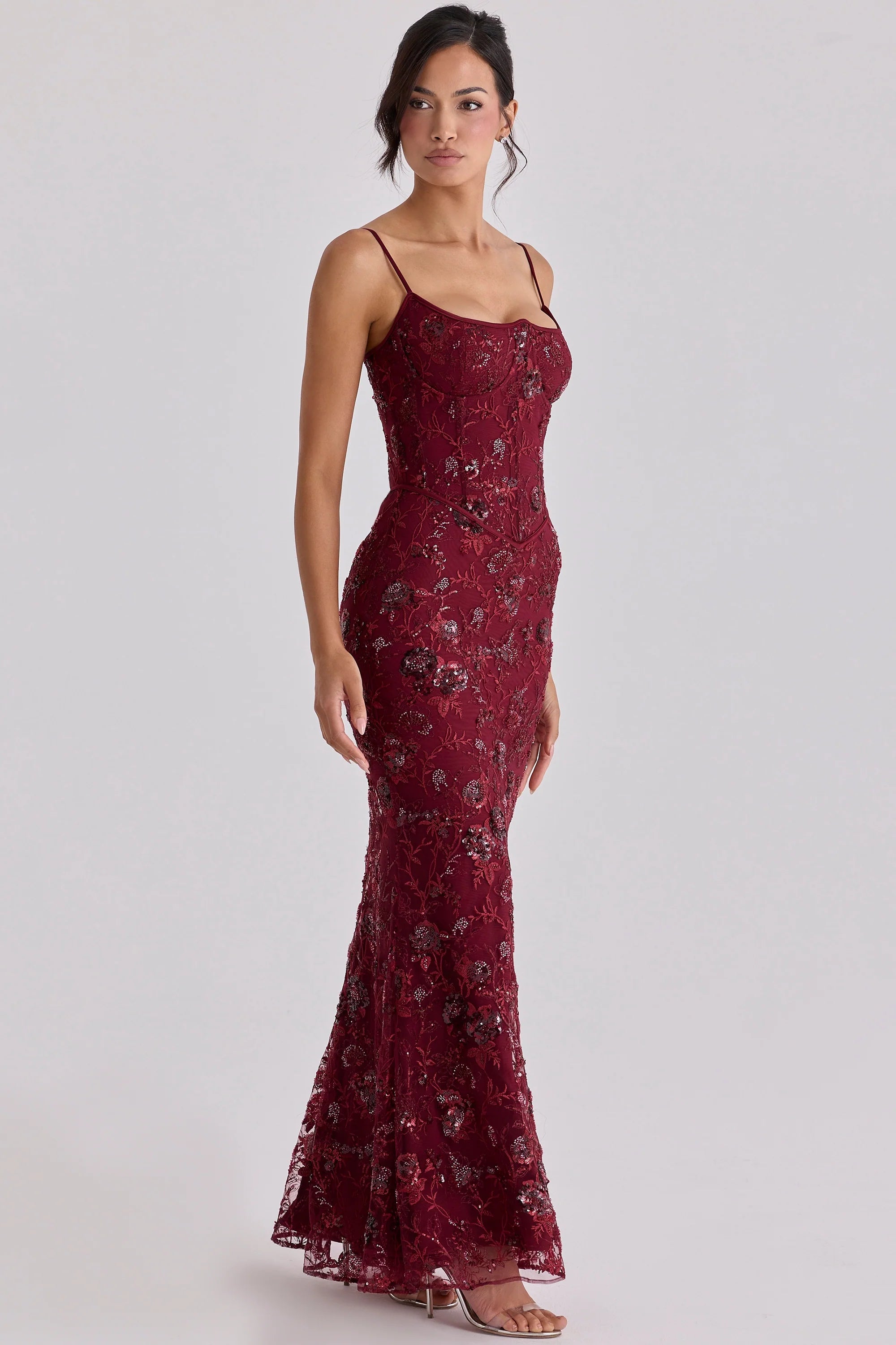 wine hand beaded embellished corset maxi dress - limited edition