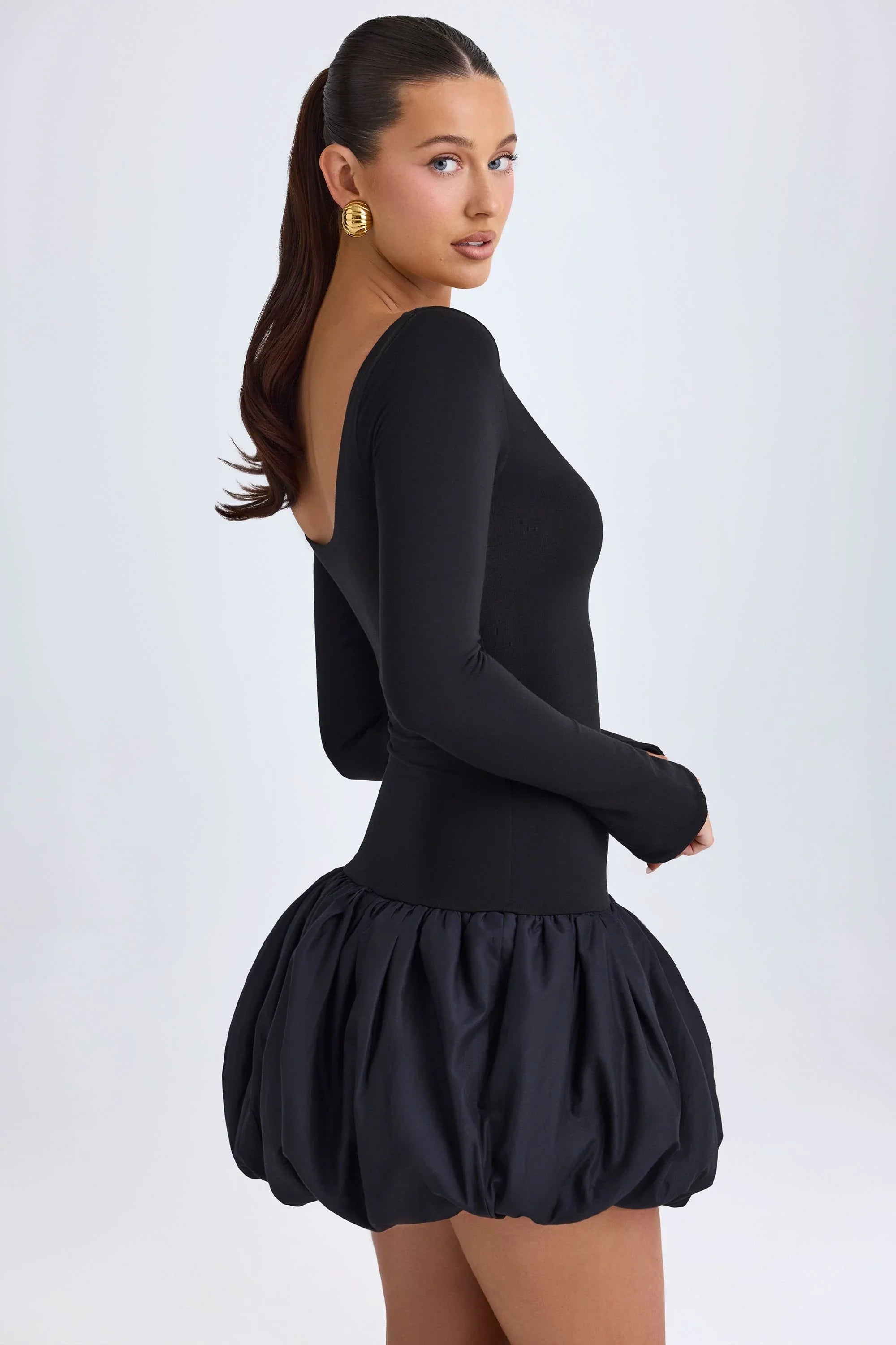 Modal Scoop-Neck Drop-Waist Bubble Hem Mini Dress in Black