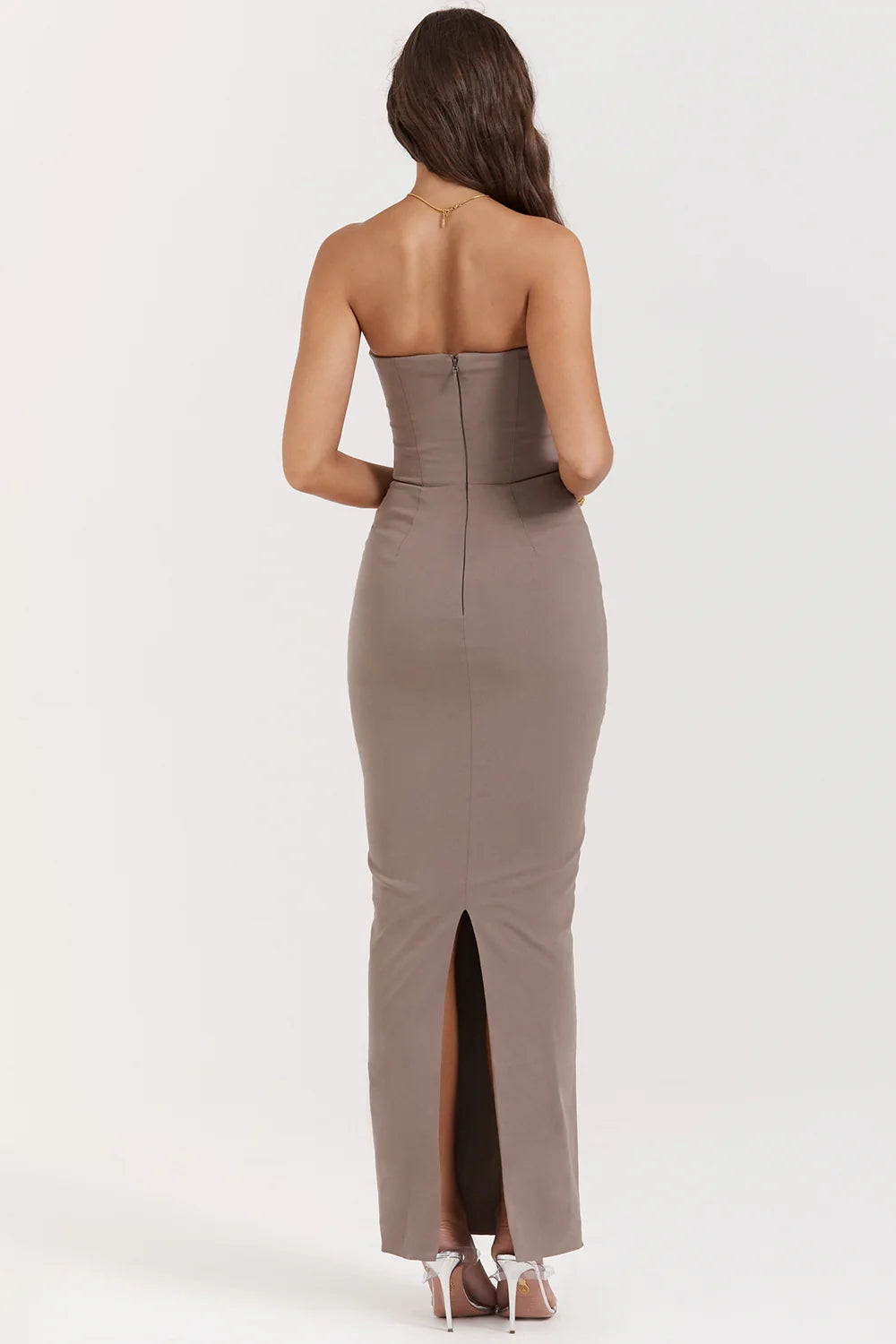 taupe strapless corset maxi dress
