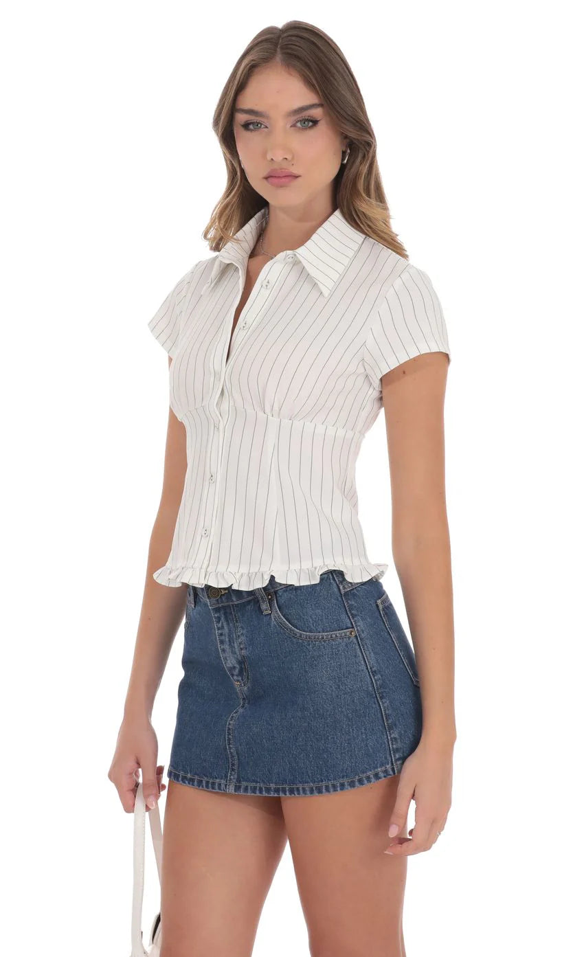 PinStripe Button-Up Ruffle Top in White