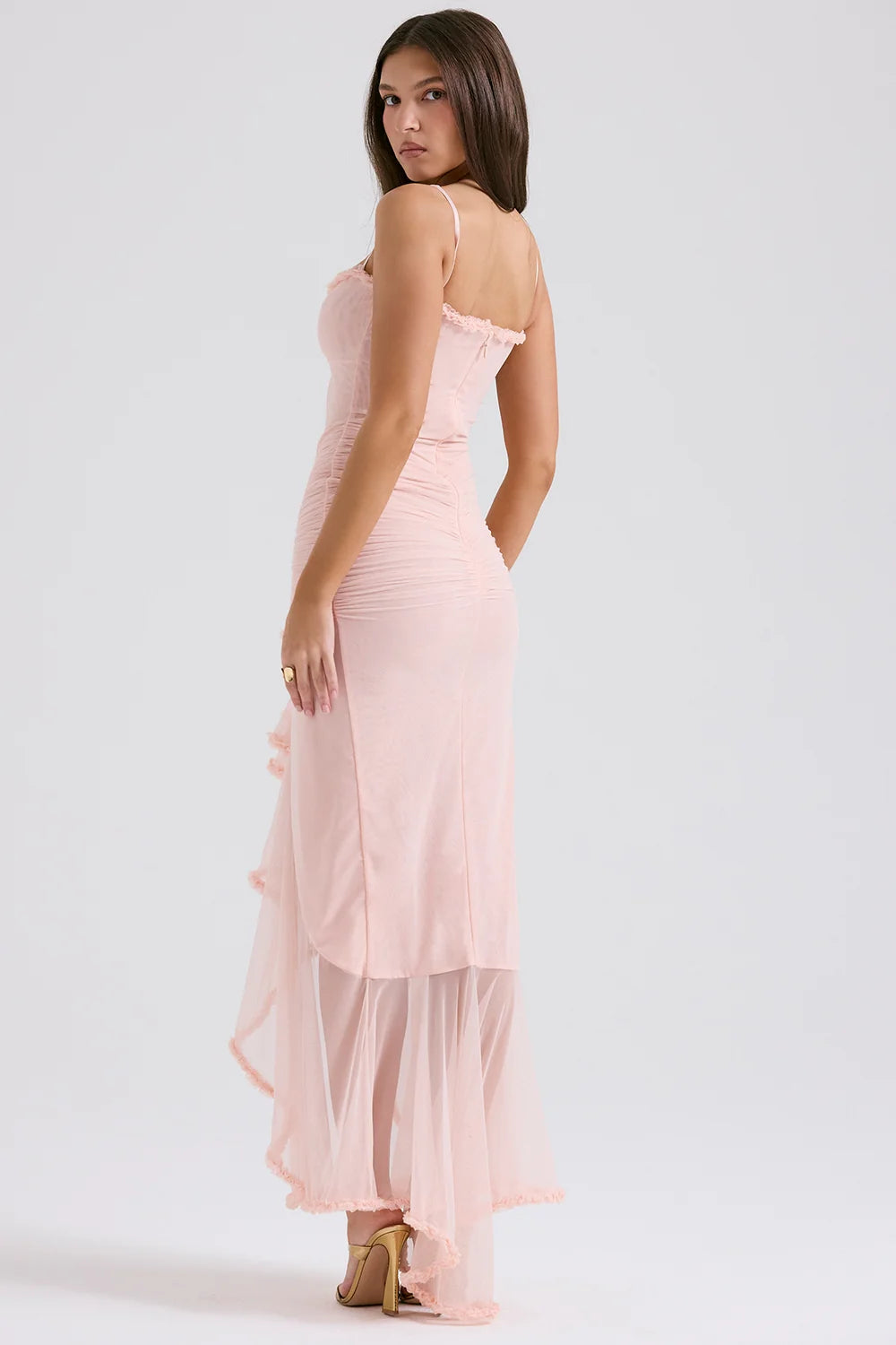 soft peach ruffled front gown