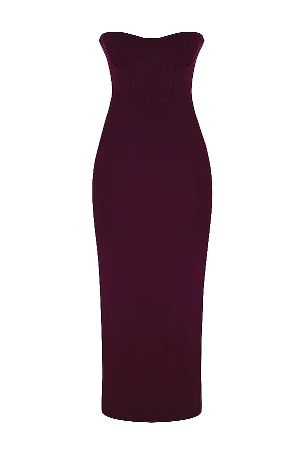 grape strapless corset maxi dress