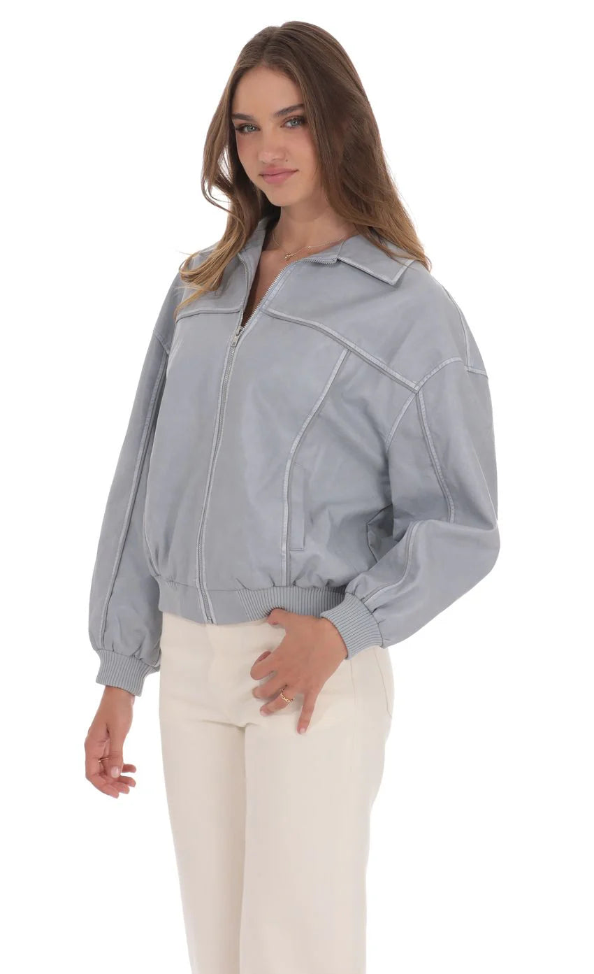 Faux Leather Bomber in Ash Blue
