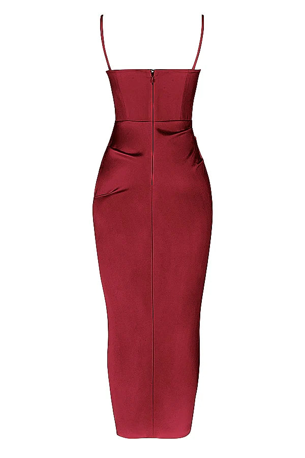 wine satin pleated corset midi dress