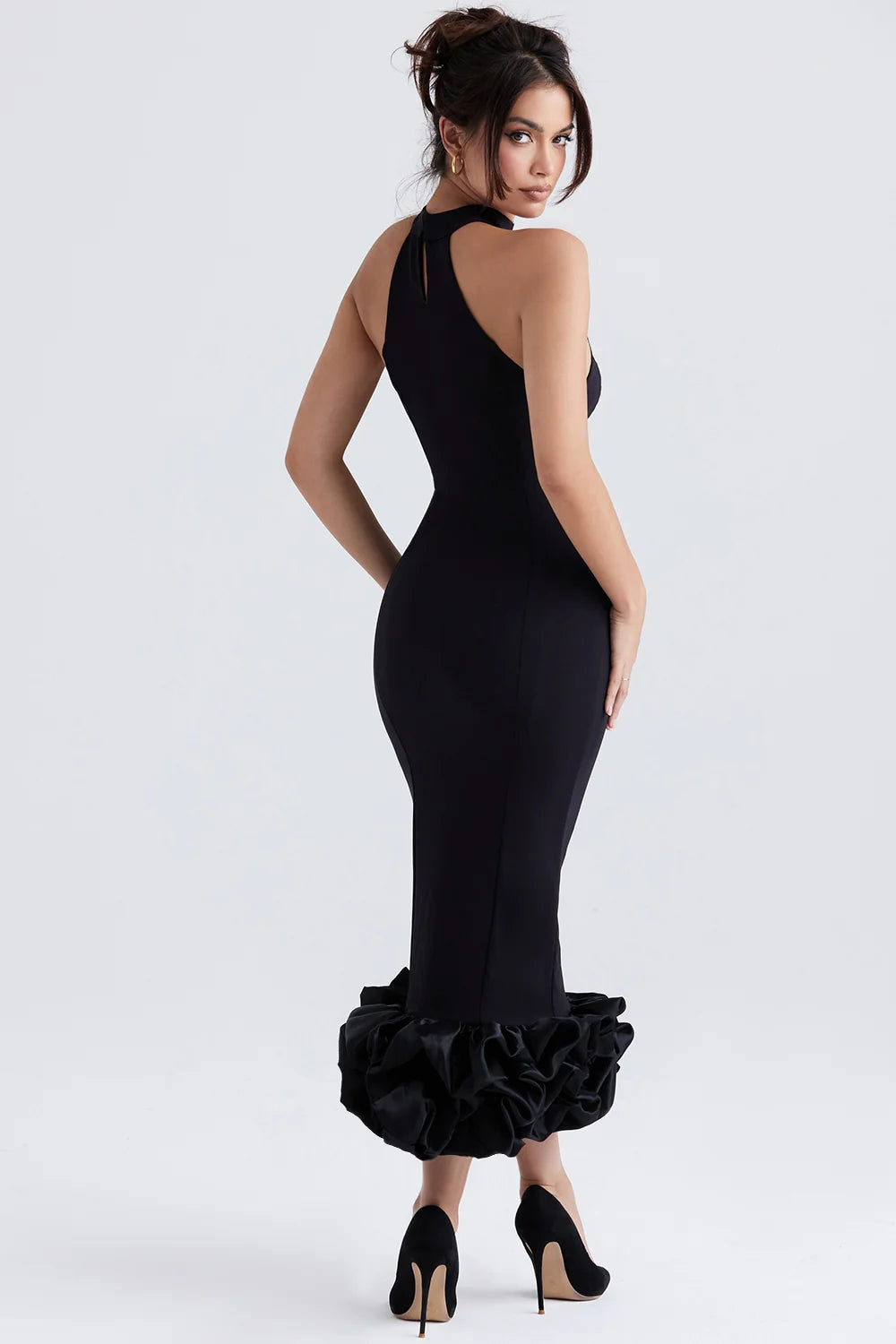 black peplum midi dress