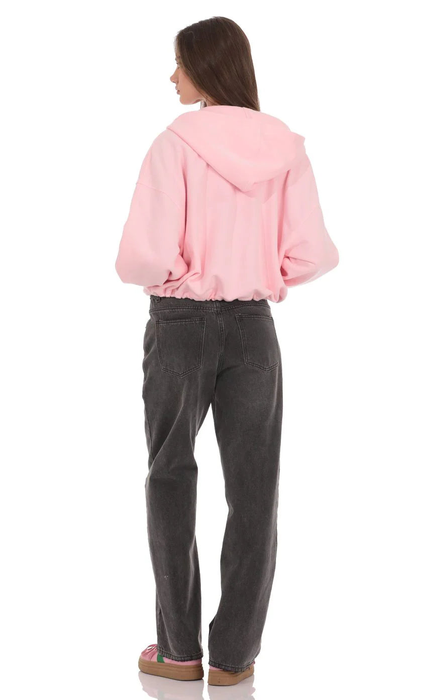 Cropped Fleece Zip-Up Hoodie in Pink