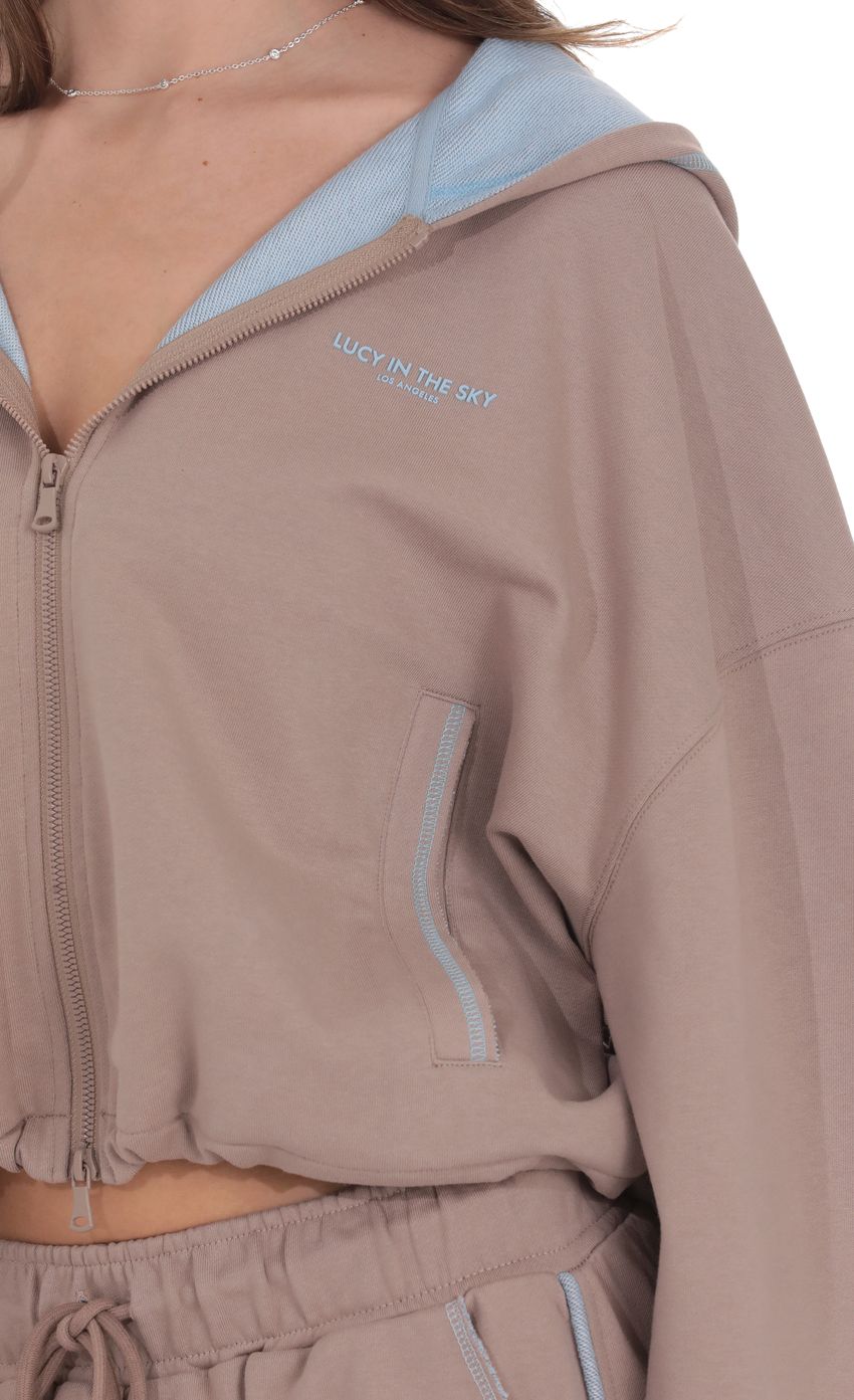 Two-Toned Cropped Hoodie in Taupe
