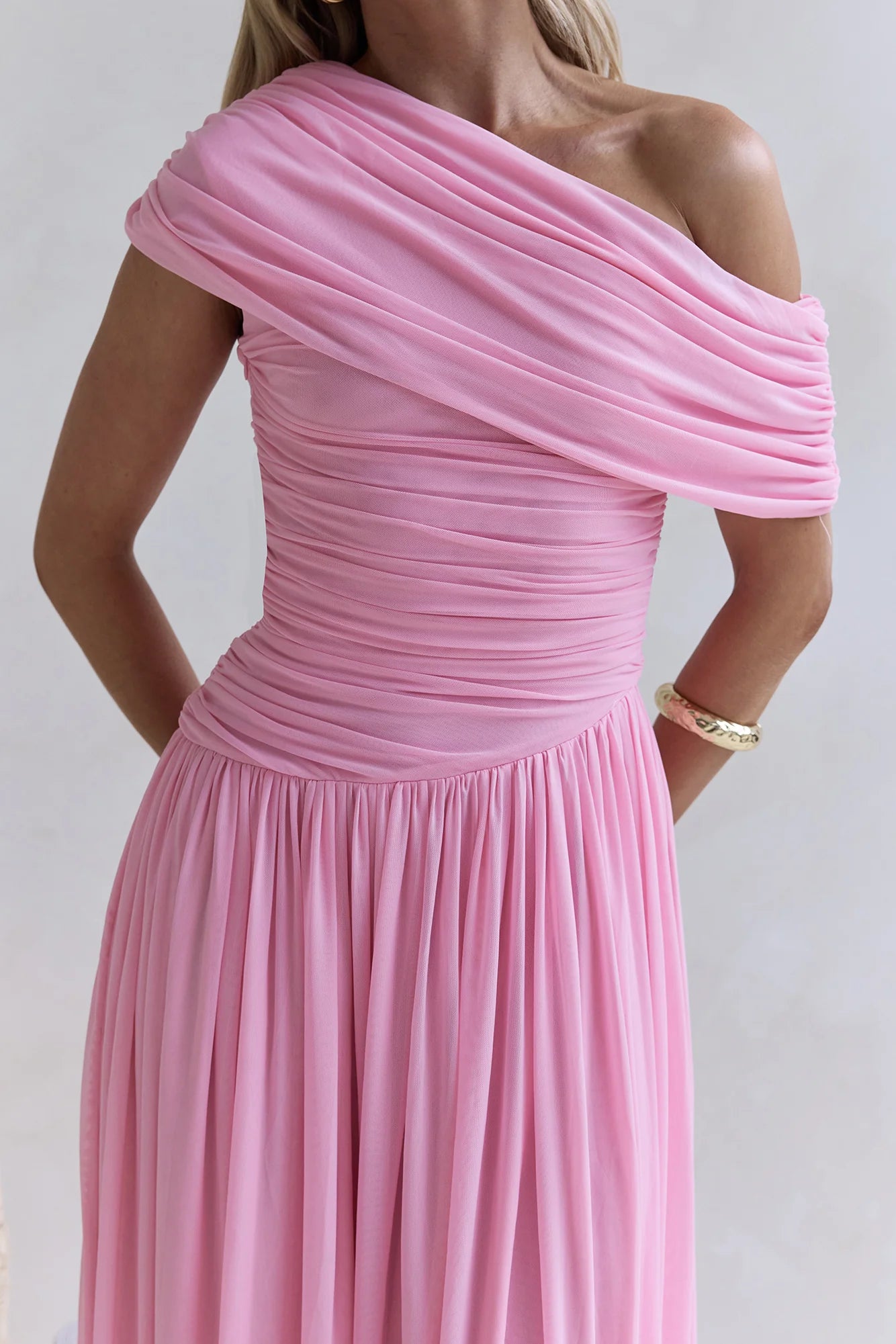 Hidden Flair One Shoulder Mesh Maxi Dress Pink