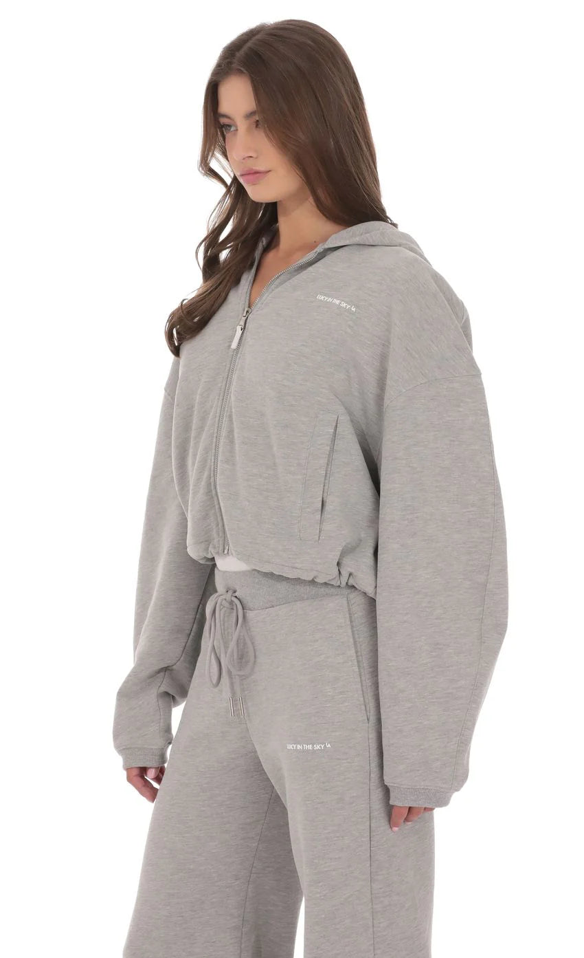 Cropped Fleece Zip-Up Hoodie in Grey