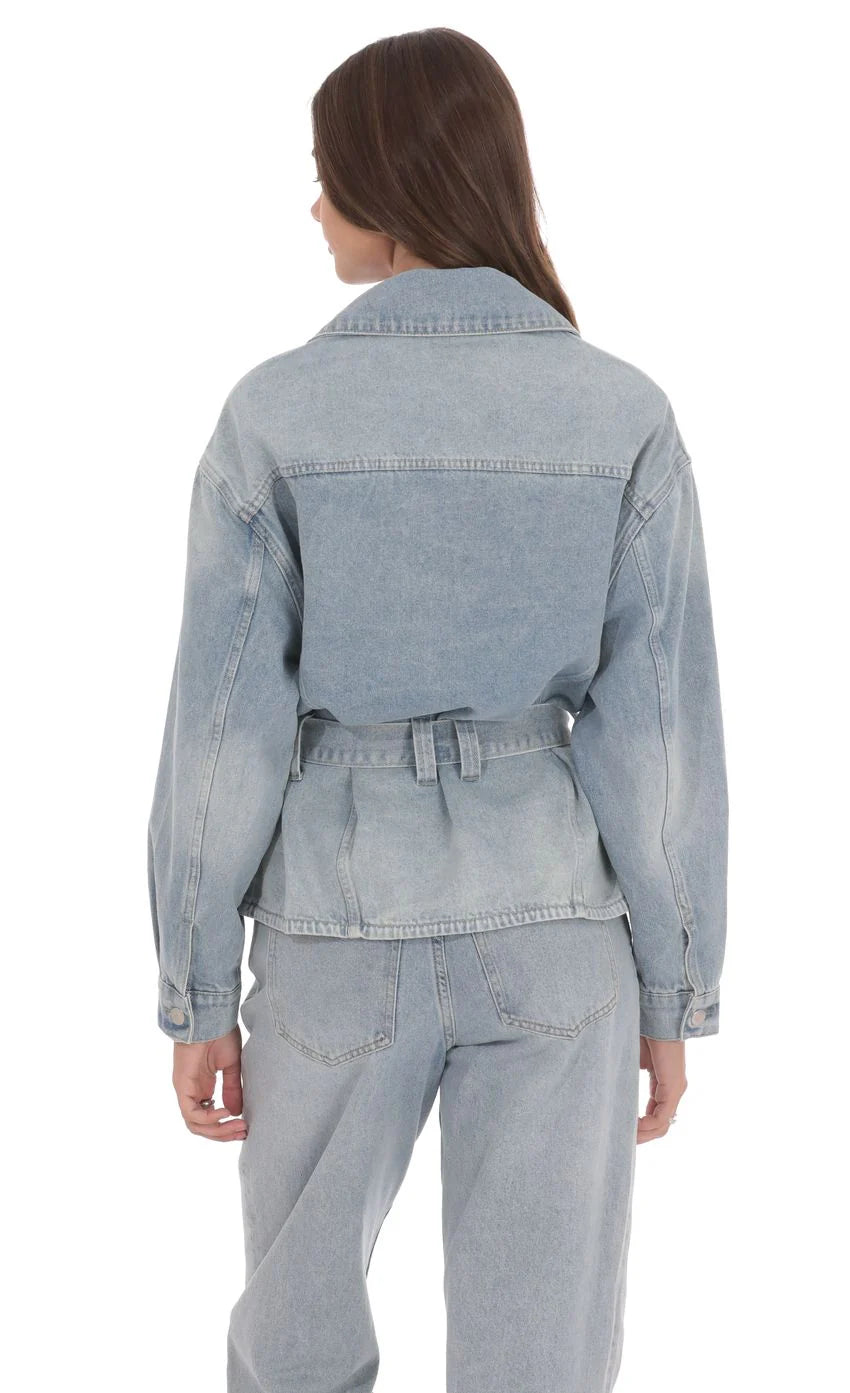 Oversized Belted Denim Jacket in Light Blue