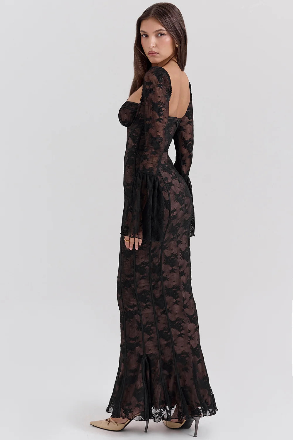 black long sleeve lace maxi dress