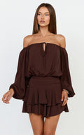 Sailor Mini Dress - Off Shoulder Ruffle Skirt Dress in Chocolate
