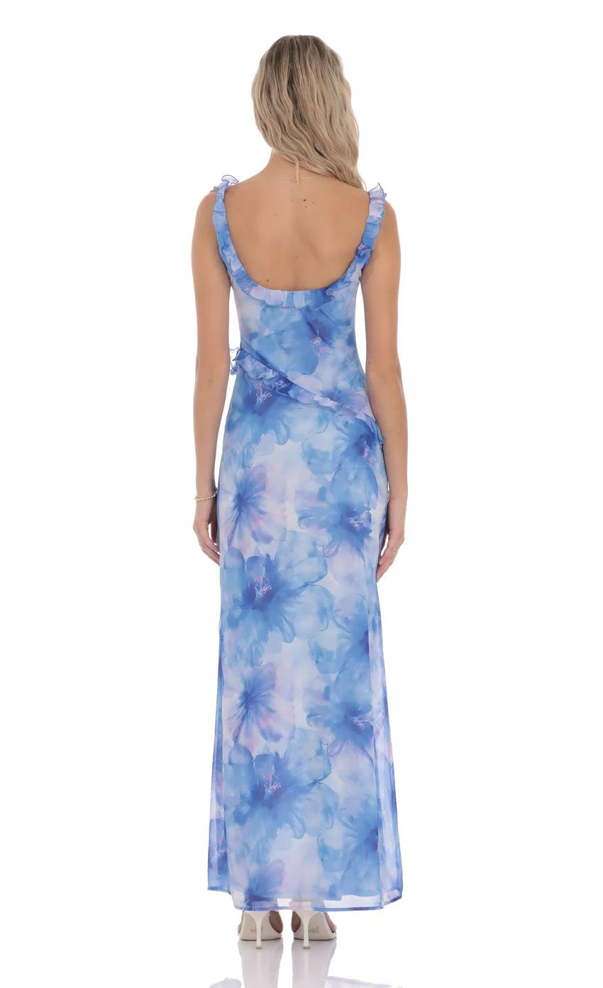 Floral Ruffle Cowl Neck Maxi Dress in Blue