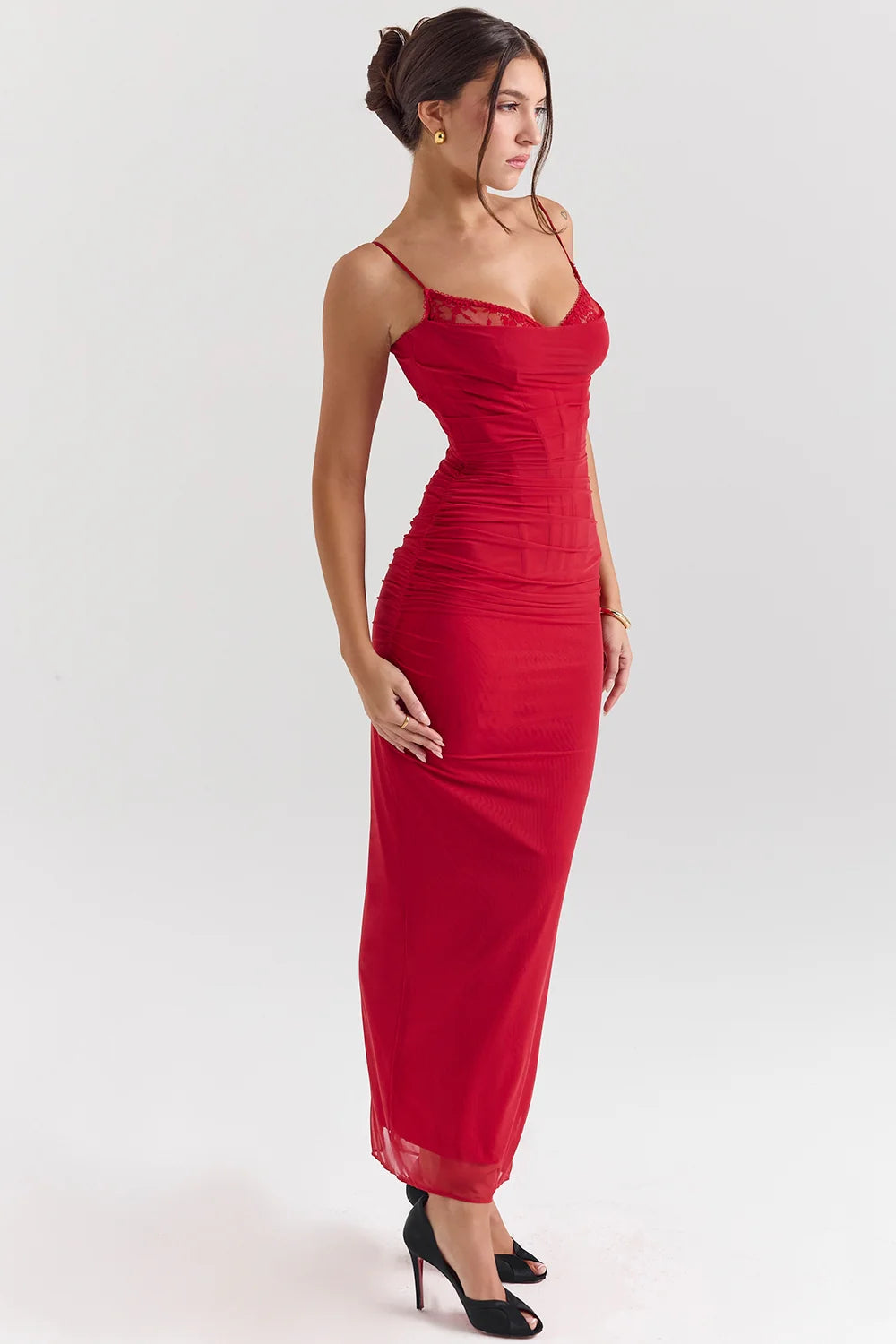 holly red stretch mesh corset maxi dress