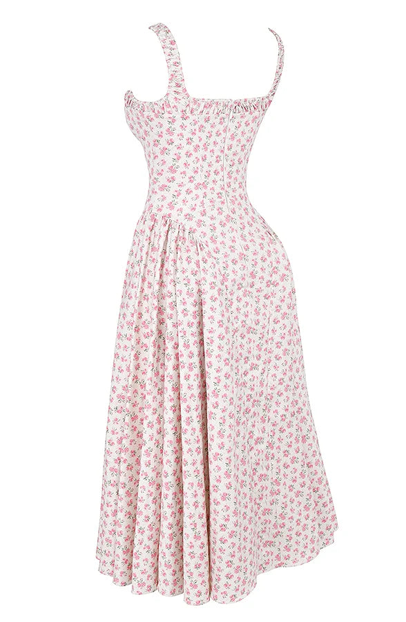 white rosebud print cotton midi sundress