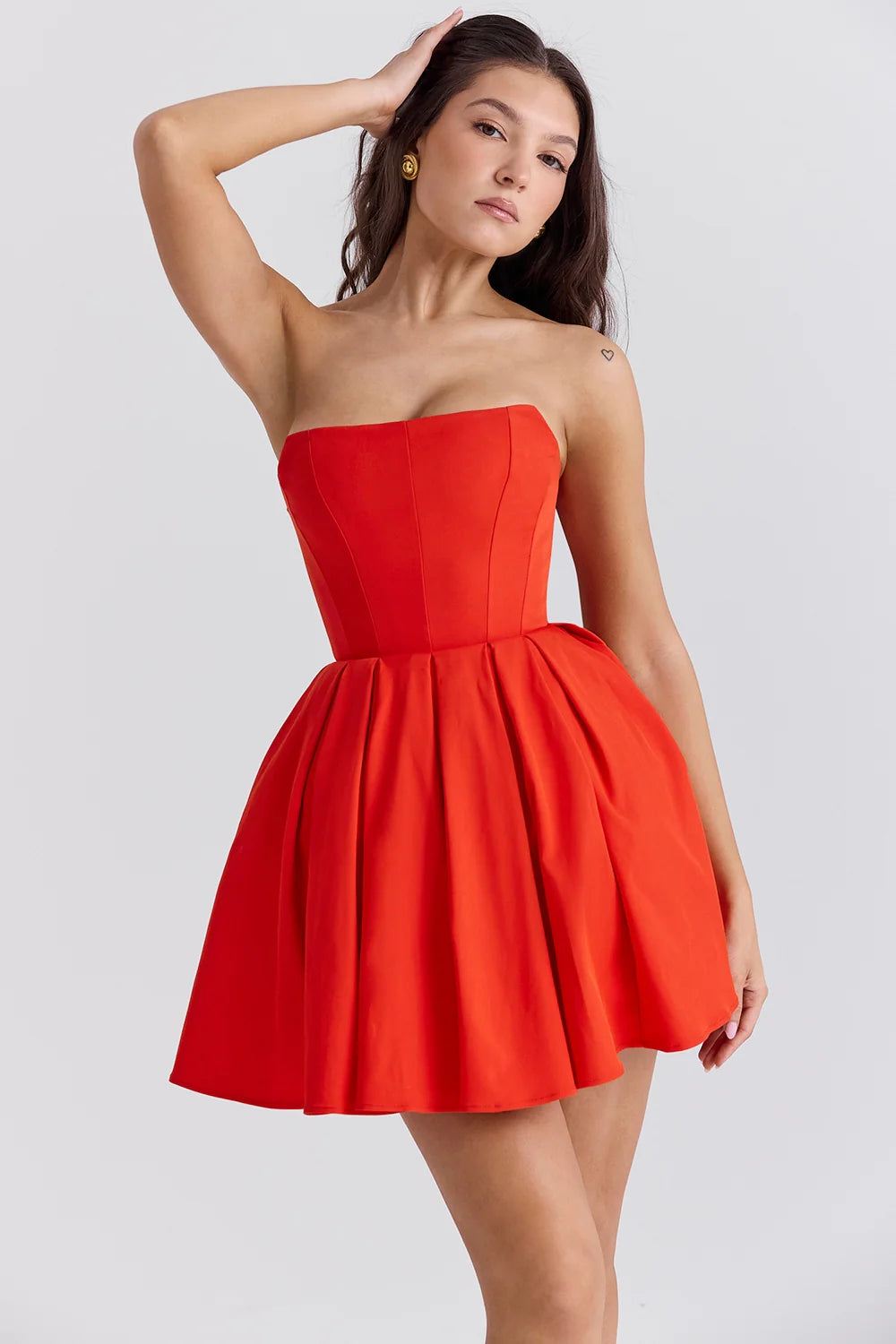 italian tomato strapless pleated mini dress