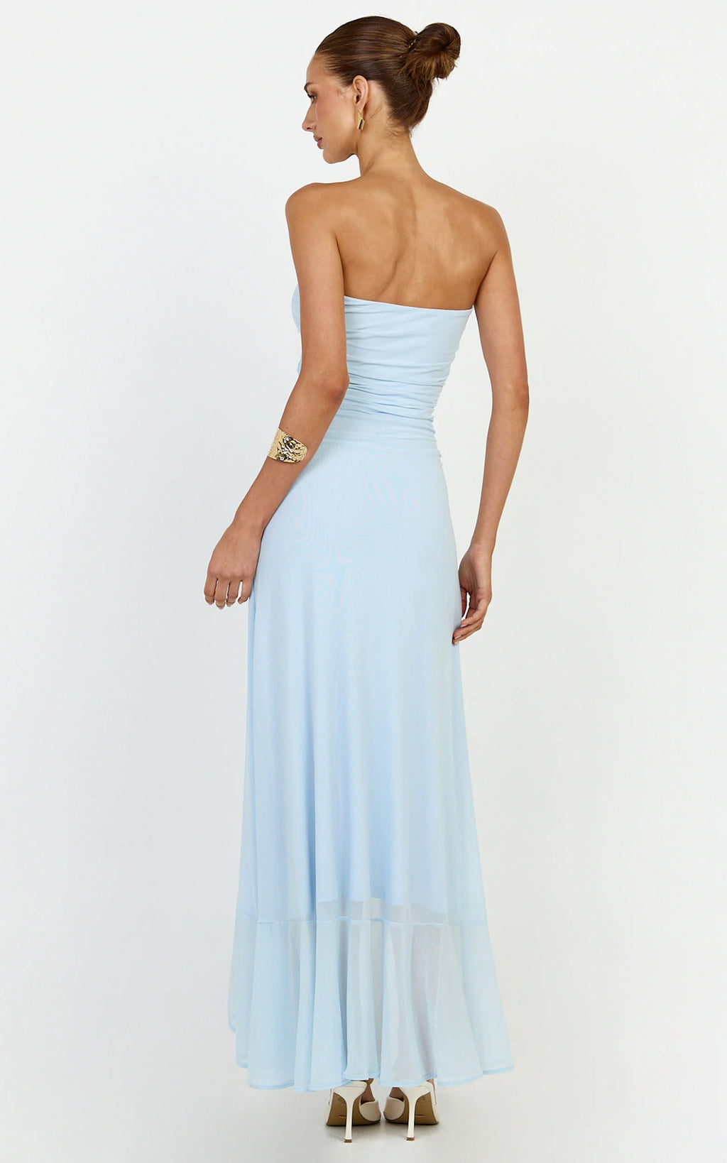Oceana Maxi Dress - Strapless Sweetheart Neckline Mesh Dress in Blue
