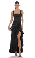 Satin Ruched Ruffle Slit Maxi Dress in Black