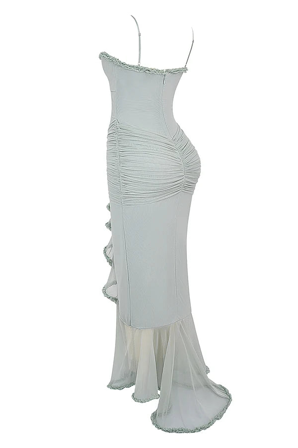 pistachio ruffled front gown