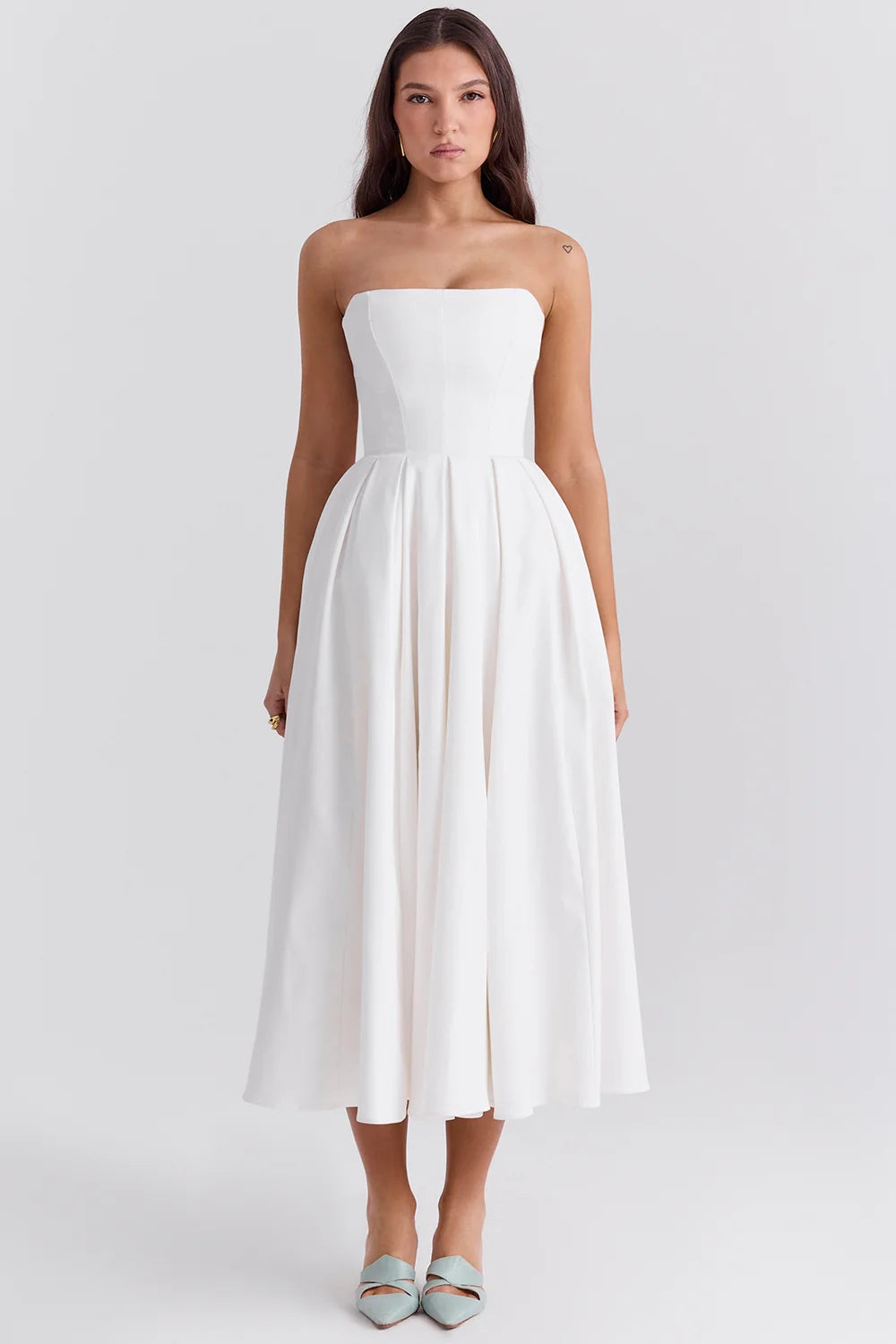white strapless midi sundress