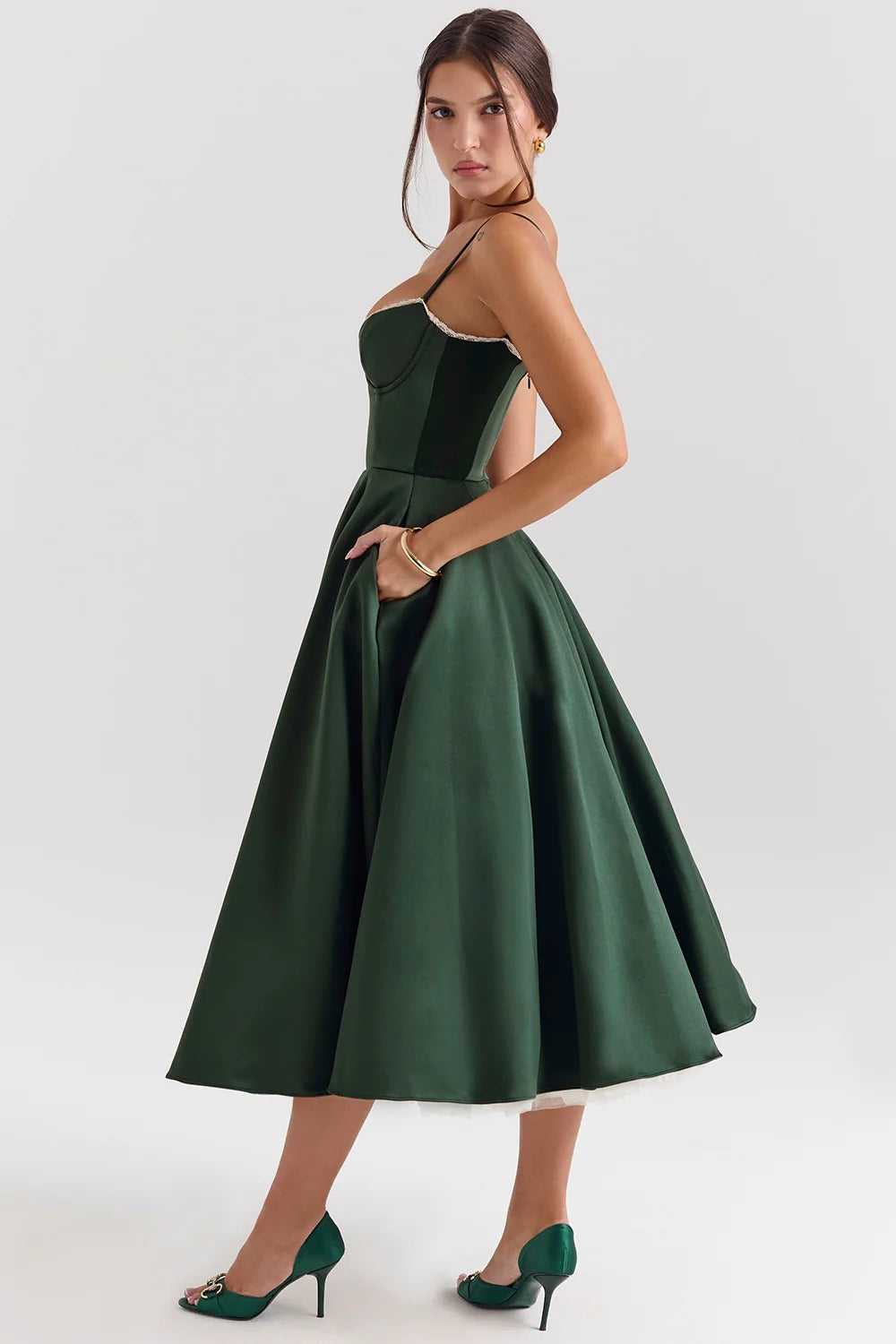 forest green satin tulle midi dress