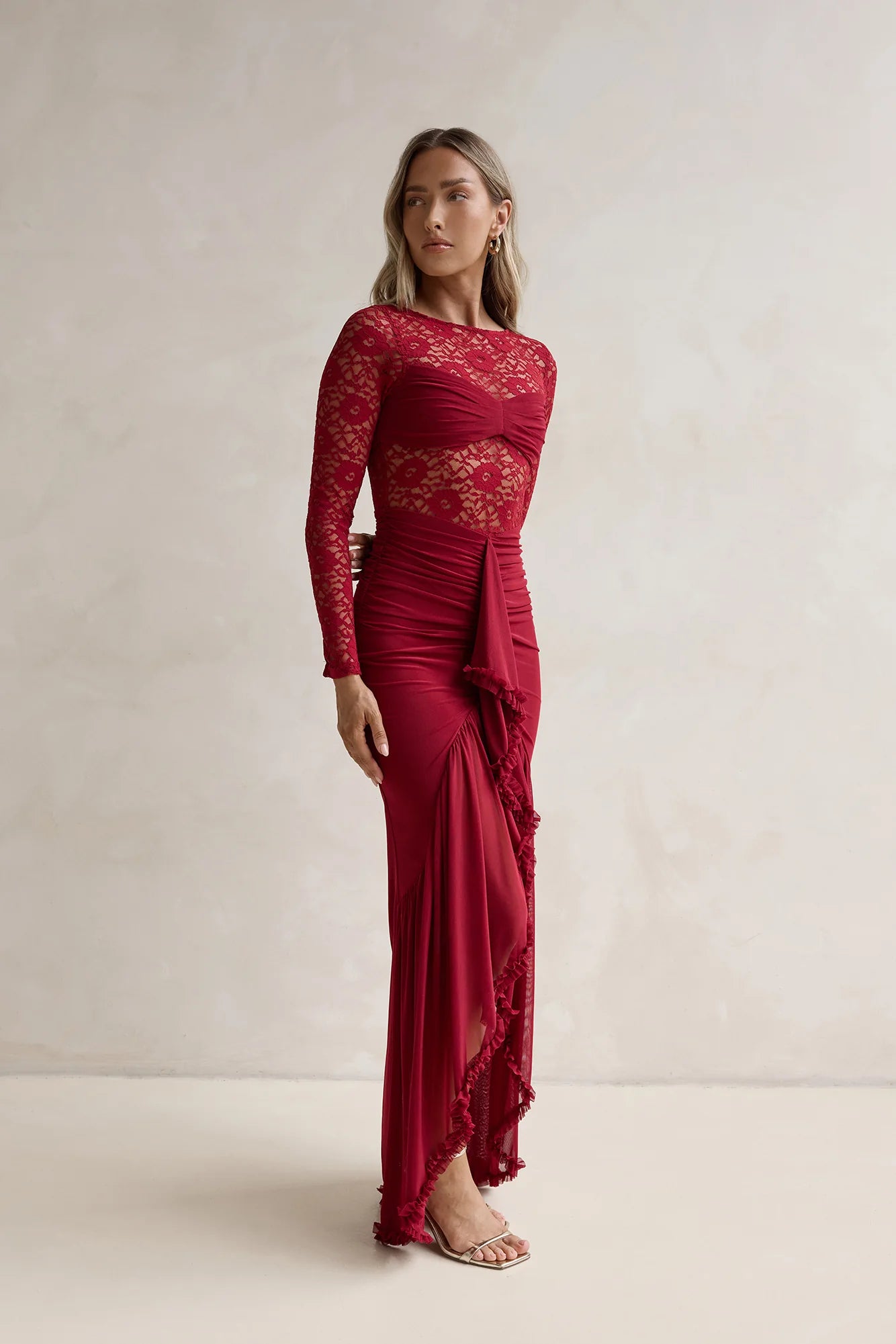 Flirtation Hour Lace Long Sleeve Maxi Dress Burgundy