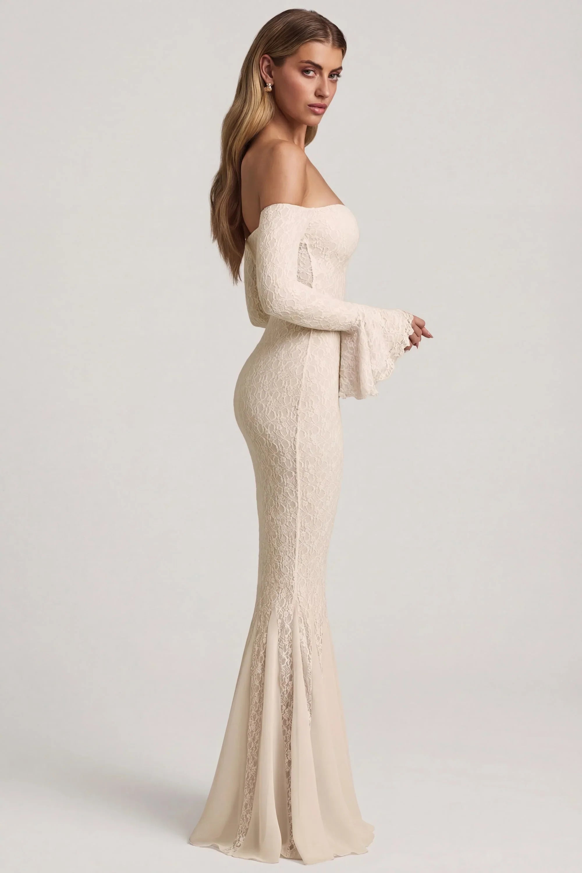 Off-Shoulder Ruffle Lace Maxi Dress in Ivory
