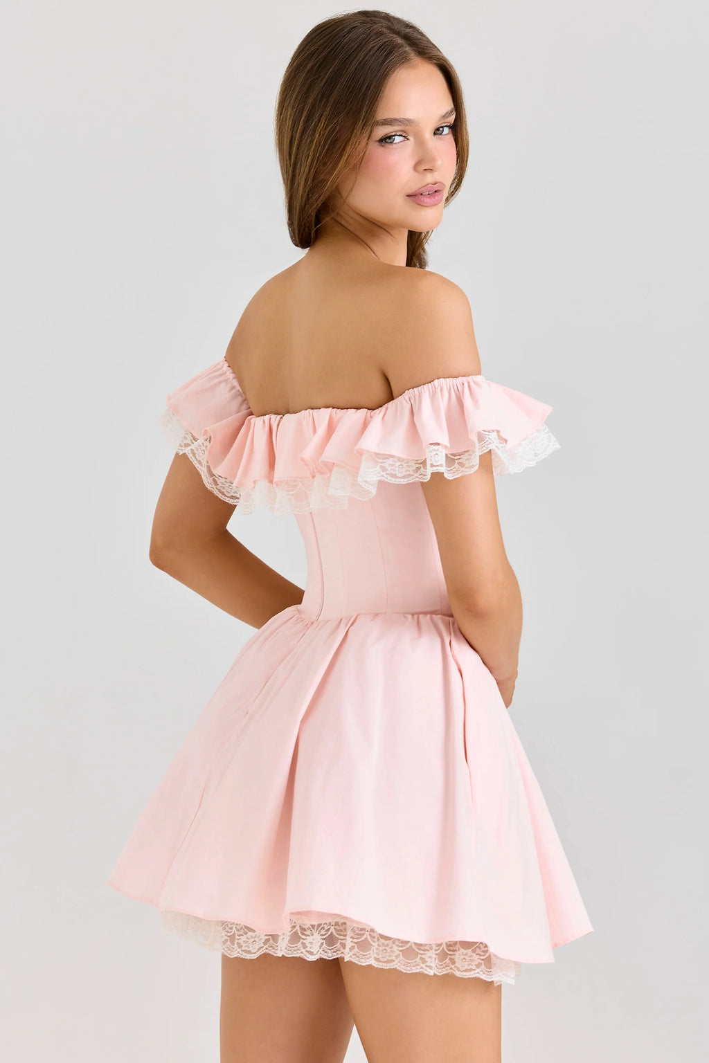 pink stretch cotton off shoulder corset mini dress