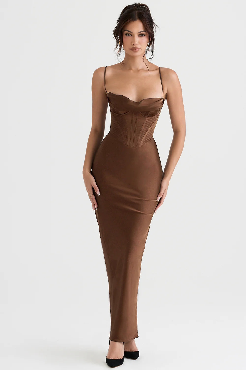 chocolate corset maxi dress
