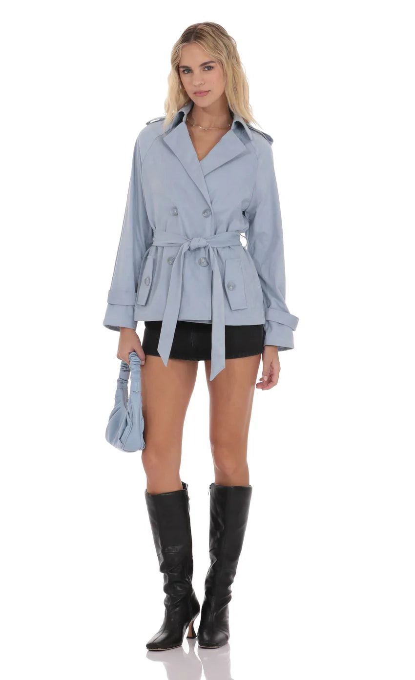 Suede Double Breasted Trench Coat in Sky Blue